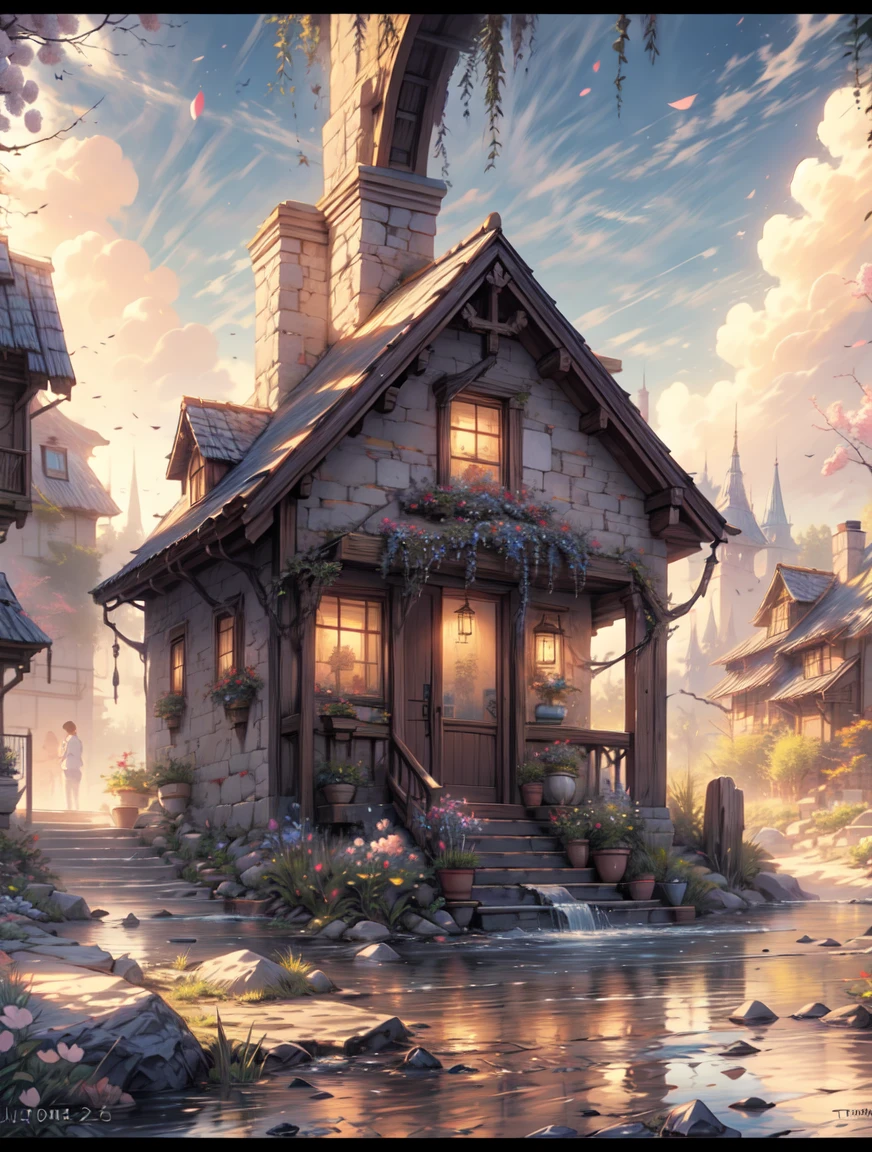 a painting of a beautiful Mediterranean houses, with a tower and flowers, spring evening,small water stream flowing beside the houses,beautiful art uhd 4 k, blossoming path to heaven, beautiful painting, spring season city, 4 k matte thomas kinkade, stunning painting, painting of beautiful, magical village, inspired by Thomas Kinkade, cottage town, sunlight and whimsical houses, style thomas kinkade, springtime morning