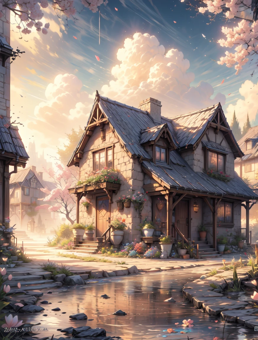 a painting of a beautiful Mediterranean houses, with a tower and flowers, spring evening,small water stream flowing beside the houses,beautiful art uhd 4 k, blossoming path to heaven, beautiful painting, spring season city, 4 k matte thomas kinkade, stunning painting, painting of beautiful, magical village, inspired by Thomas Kinkade, cottage town, sunlight and whimsical houses, style thomas kinkade, springtime morning