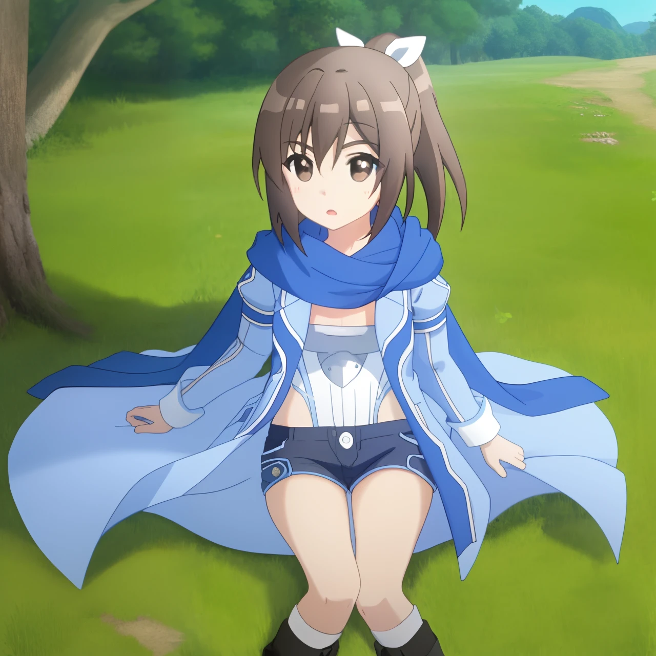 bofuri-sally, white leotard shorts black boots scarf jacket, (bangs, ponytail, brown hair, hair between eyes), hair ribbon, collarbone, full body, medium breasts, solo, 1girl, outdoors