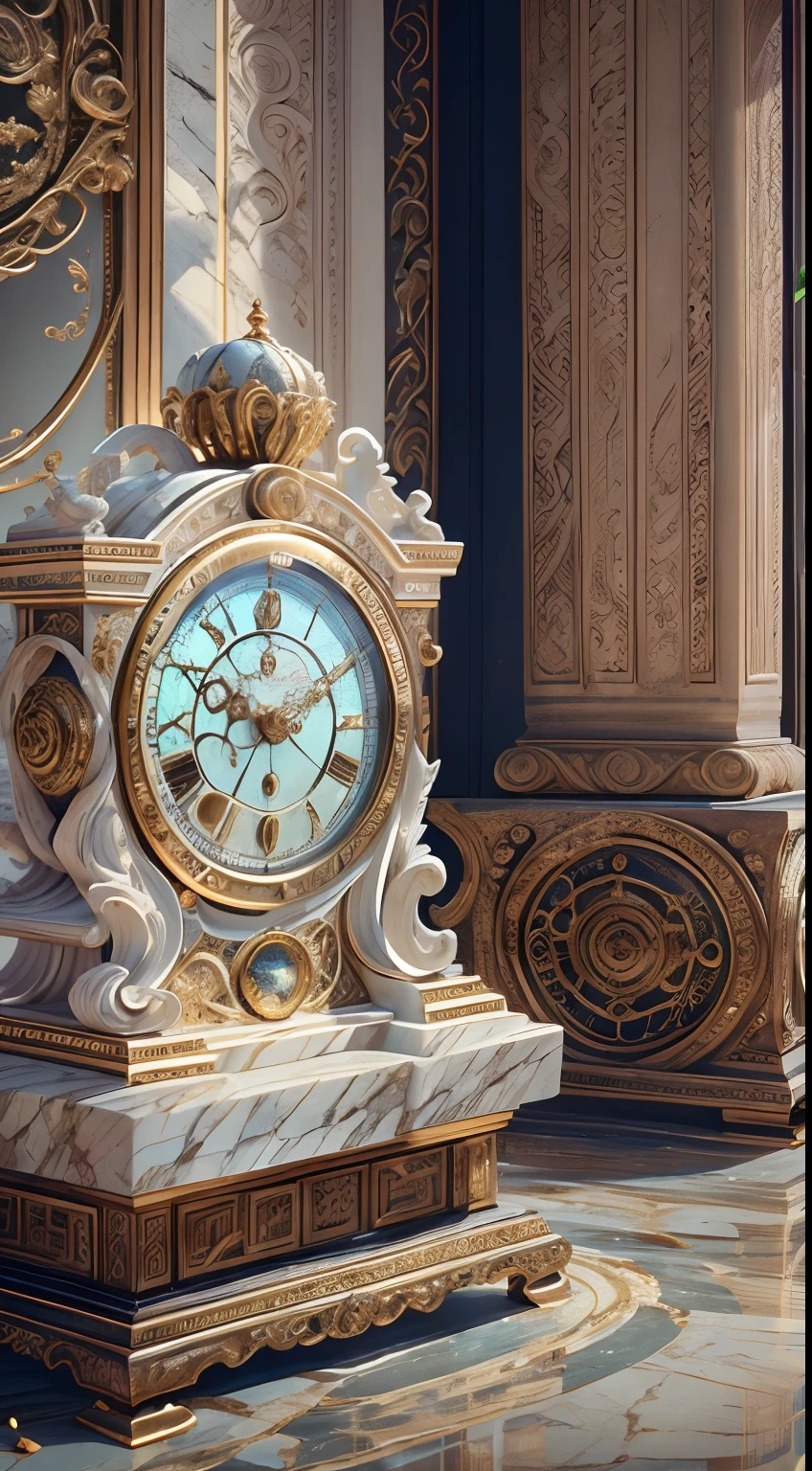 (8K, 16k, Award-winning, Highest quality, Highest resolution, Super detail, High detail, Anatomically correct, Masterpiece),Realistic full-body Greek white marble clock，Ancient chronometric mechanism, delicate craftsmanship , Rare and precious, The intricate details are realistic，Marble clock，detailed carvings,Timeless vintage,Stale and rustic,Ancient craftsmanship,shadows and light,Historical artifacts,Classic chronograph mechanism,Nostalgic,Charm,retro aesthetic,Weathered beauty,Ancient clocks,Ageing gracefully,Stone carving and craftsmanship,Precise marking,Entwined vines and flowers,Entry,Weathered beauty and personality,Backyard Point of Contact,ornate detail,A symbol of eternity,Harmony between past and present,Engraving calligraphy,artistic design+"]，A cinematic scene， 超詳細， Ultra photo realsisim， Bright lights， 8 k''