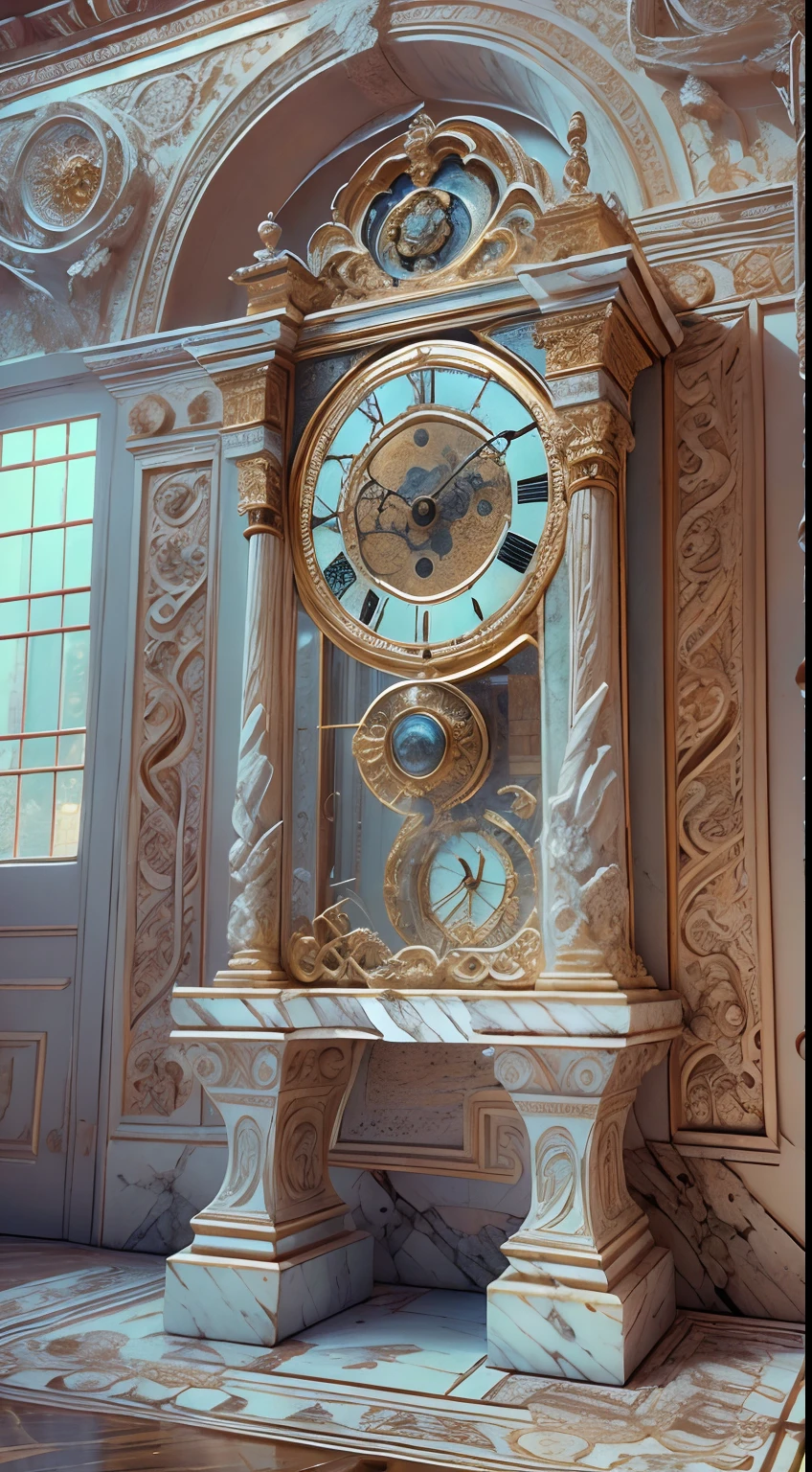 (8K, 16k, Award-winning, Highest quality, Highest resolution, Super detail, High detail, Anatomically correct, Masterpiece),Realistic full-body Greek white marble clock，Ancient chronometric mechanism, delicate craftsmanship , Rare and precious, The intricate details are realistic，Marble clock，detailed carvings,Timeless vintage,Stale and rustic,Ancient craftsmanship,shadows and light,Historical artifacts,Classic chronograph mechanism,Nostalgic,Charm,retro aesthetic,Weathered beauty,Ancient clocks,Ageing gracefully,Stone carving and craftsmanship,Precise marking,Entwined vines and flowers,Entry,Weathered beauty and personality,Backyard Point of Contact,ornate detail,A symbol of eternity,Harmony between past and present,Engraving calligraphy,artistic design+"]，A cinematic scene， 超詳細， Ultra photo realsisim， Bright lights， 8 k''
