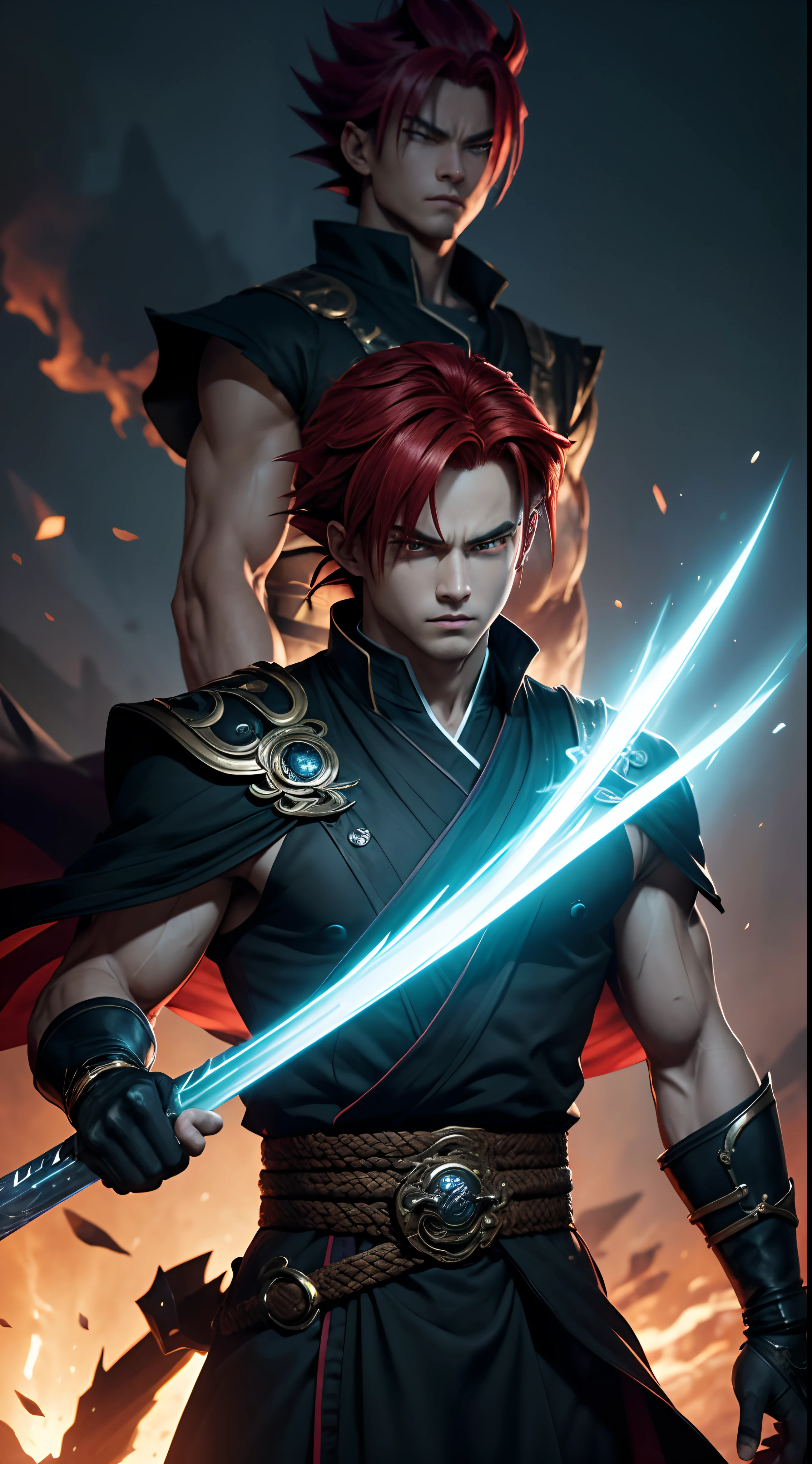 An 8k masterpiece, highest resolution, every detail, meticulous detail, depth of field, bright colors, beautiful composition: stunning take on an anime character Gohan with brilliant red hair and beautifully detailed glowing eyes, standing against a dark and ominous background. This handsome demon slayer is the epitome of bad guys in the world of fantasy art.