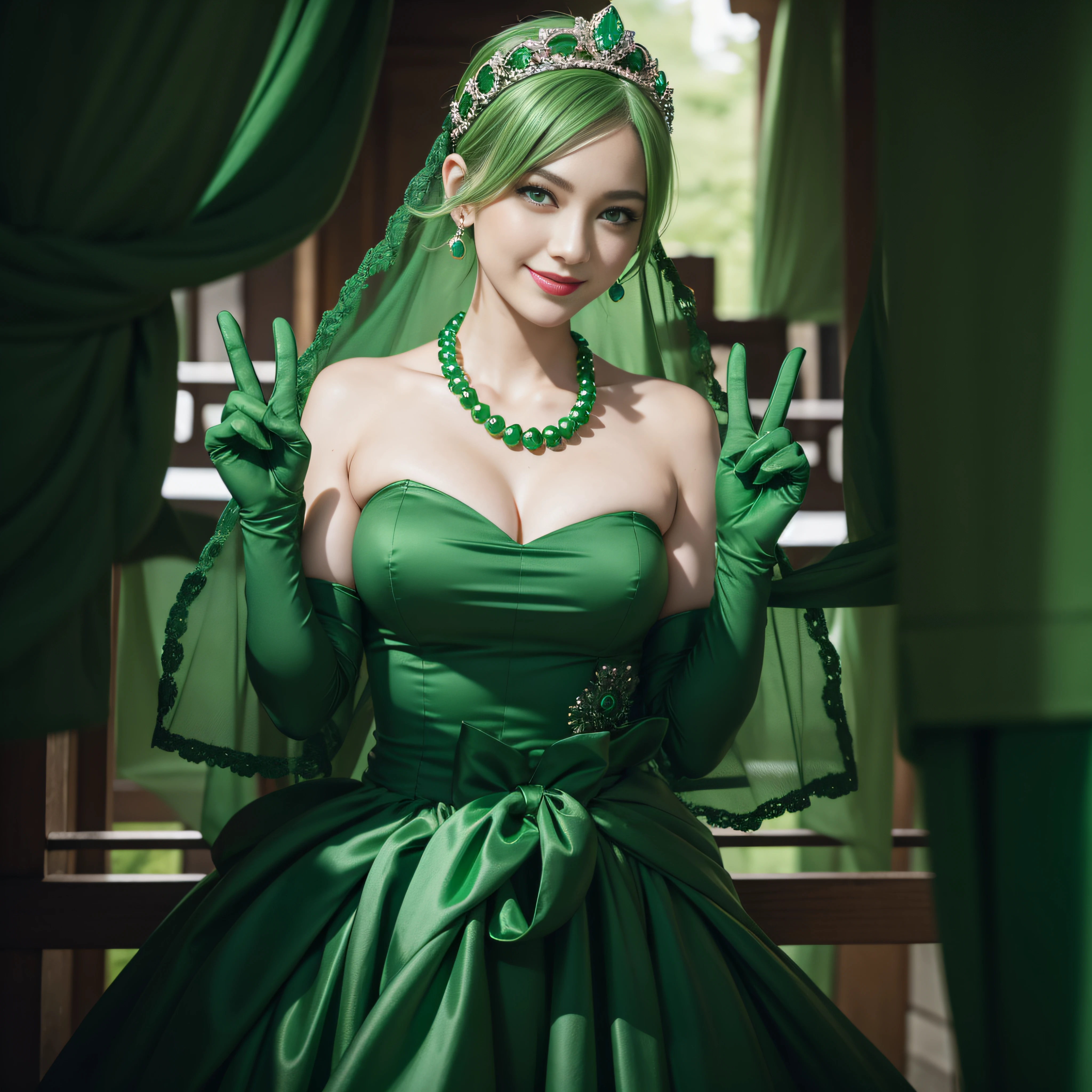 emerald tiara, Green Pearl Necklace, Boyish very short green hair, lipsticks, Japan woman smiling, very short short hair, big breasts beautiful, Green eyes, Long green gloves made of satin material, Green eyes, Emerald Earrings, green vale, v sign