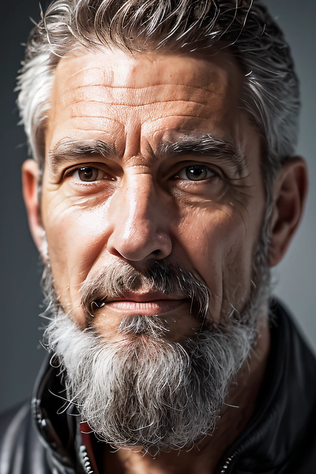 I would like to generate a realistic image of a middle-aged Caucasian man with salt-and-pepper hair. Please make sure the image captures the intricate details of his features, such as wrinkles and facial hair. The lighting should be from the front to highlight the sharp focus on his face. --ar 2:3 --v 5.1