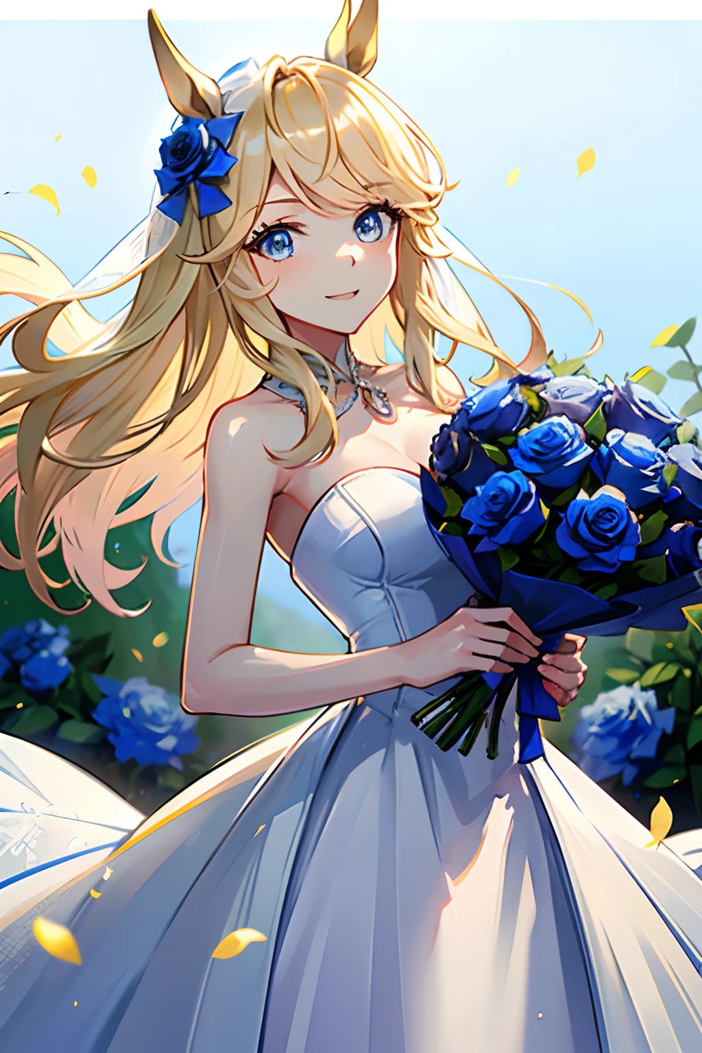 (masutepiece.top-quality).(Dynamic Angle).1 girl in.Girl in white wedding dress、a blond.long.Horse-eared girl.Beautiful blue eyes.smil.(Holding a bouquet of blue roses:1.3).(Blue petals flutter:0.8)、((Girl in white prom dress))