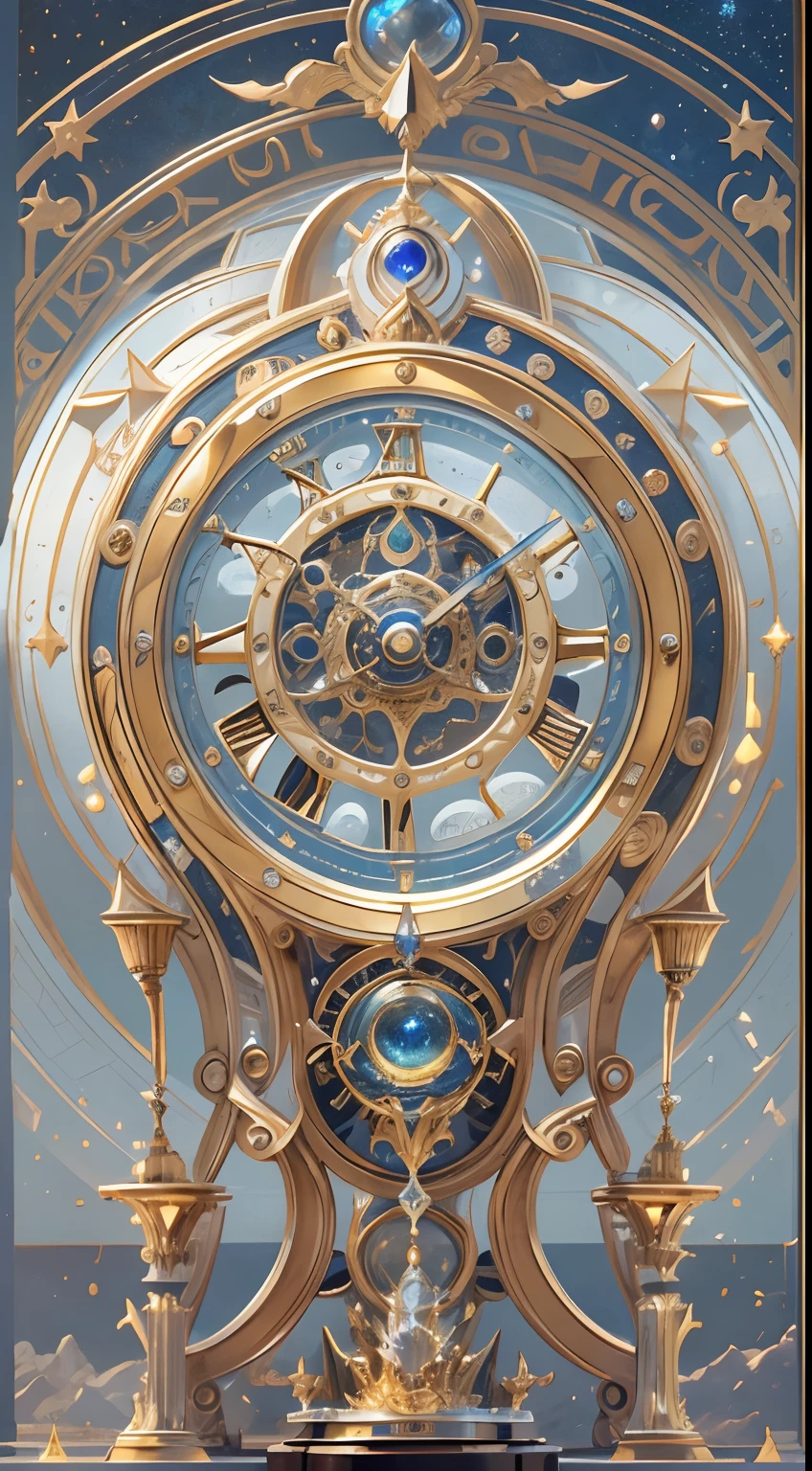 8K, 16k, Award-winning, Highest quality, Highest resolution, Super detail, High detail, Anatomically correct, Masterpiece),UHR, Clock in the starry sky,The timing mechanism of the future, delicate craftsmanship , A legendary mechanical clock, Rare and precious, Intricate details, Smart clocks are made of a metal called orichalcum, There are no gemstones, (The inside of the mechanical clock is engraved with ancient characters: 1.2), Impeccable, Platinum, White, Gold and silver, Mysterious starry sky,cyber punk perssonage,high - tech,hyper realisitc,Sci-fi dreams,Advanced extraterritorial technology,Epic digital sci-fi art