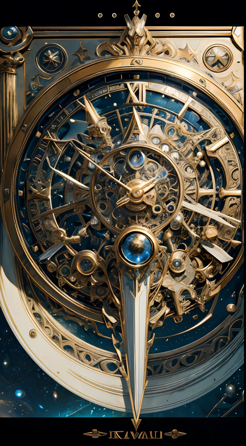 8K, 16k, Award-winning, Highest quality, Highest resolution, Super detail, High detail, Anatomically correct, Masterpiece),UHR, Clock in the starry sky,The timing mechanism of the future, delicate craftsmanship , A legendary mechanical clock, Rare and precious, Intricate details, Smart clocks are made of a metal called orichalcum, There are no gemstones, (The inside of the mechanical clock is engraved with ancient characters: 1.2), Impeccable, Platinum, White, Gold and silver, Mysterious starry sky,cyber punk perssonage,high - tech,hyper realisitc,Sci-fi dreams,Advanced extraterritorial technology,Epic digital sci-fi art