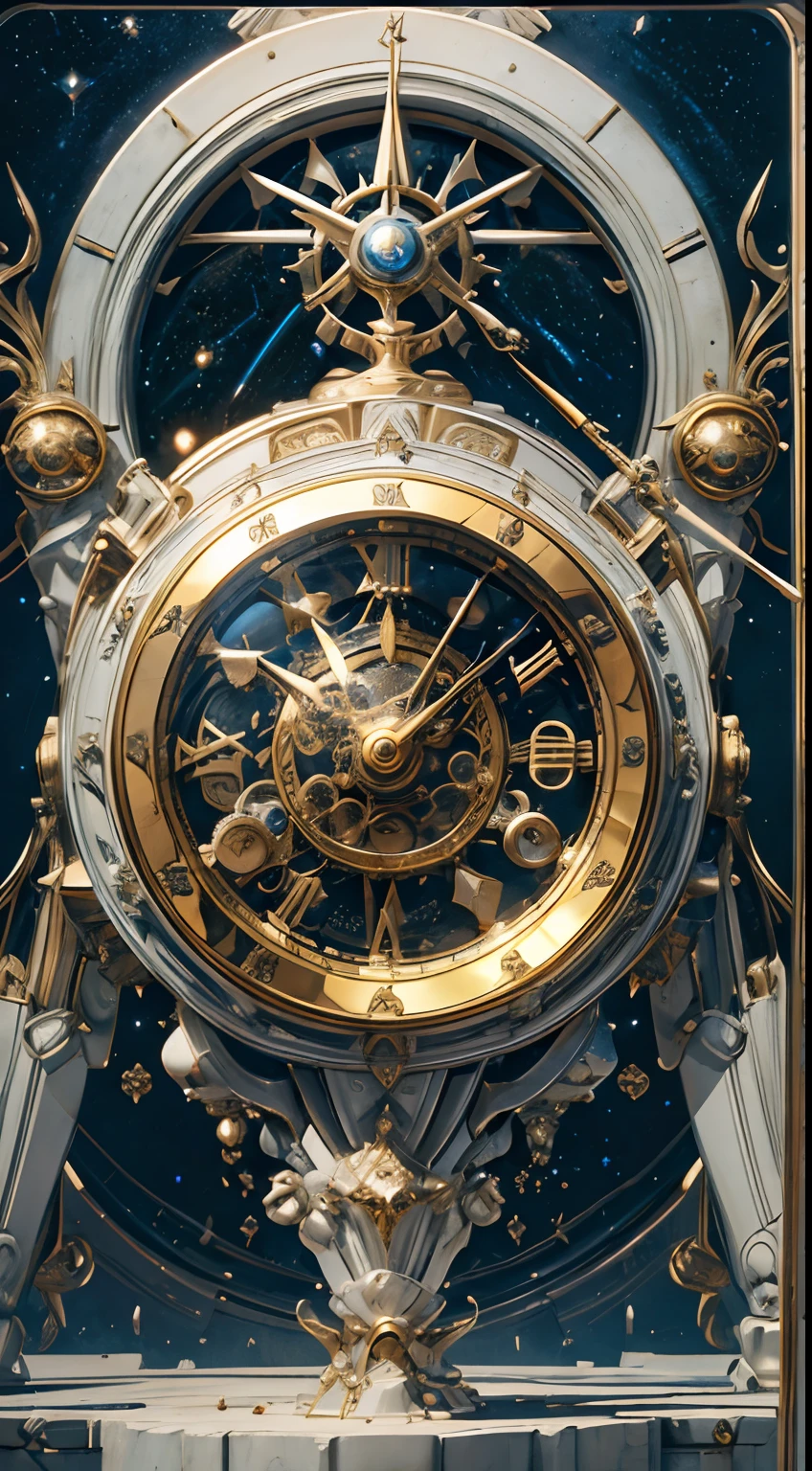8K, 16k, Award-winning, Highest quality, Highest resolution, Super detail, High detail, Anatomically correct, Masterpiece),UHR， Clock in the starry sky，The timing mechanism of the future, delicate craftsmanship , A legendary mechanical clock, Rare and precious, Intricate details, Smart clocks are made of a metal called orichalcum, There are no gemstones, (The inside of the mechanical clock is engraved with ancient characters: 1.2), Impeccable, Platinum, White, Gold and silver, Mysterious starry sky，cyber punk perssonage，high - tech，hyper realisitc，Sci-fi dreams，Advanced extraterritorial technology，Epic digital sci-fi art