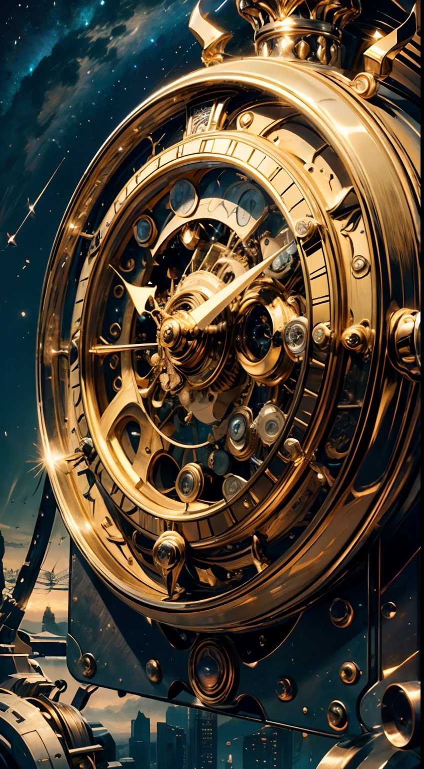 8K, 16k, Award-winning, Highest quality, Highest resolution, Super detail, High detail, Anatomically correct, Masterpiece),UHR, Clock in the starry sky,The timing mechanism of the future, delicate craftsmanship , A legendary mechanical clock, Rare and precious, Intricate details, Smart clocks are made of a metal called orichalcum, There are no gemstones, (The inside of the mechanical clock is engraved with ancient characters: 1.2), Impeccable, Platinum, White, Gold and silver, Mysterious starry sky,cyber punk perssonage,high - tech,hyper realisitc,Sci-fi dreams,Advanced extraterritorial technology,Epic digital sci-fi art