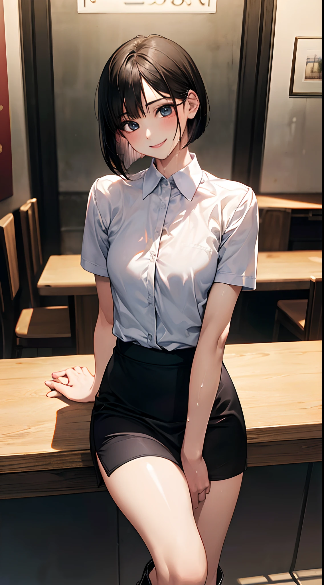 (perfect anatomy, anatomically correct, super detailed skin), 1 womanl, solo, japanese, 24 years old, 7 headed body, (detailed ultra-oily shiny skin:1.1), watching the view, (smile:1.5), wet,
beautiful hair, beautiful face, beautiful detailed eyes, (short hair:1.2, bob cut:1.2), black hair, (large breasts:0.8), (cute face), (Ideal ratio body proportions), emphasis on the buttocks,
beautiful clavicle, beautiful body, beautiful chest, beautiful thigh, beautiful legs, breast, barefoot, barearm, slender, small buttocks, skinny legs,
(waitresses uniform, see-through short sleeves white collared shirt, enamel black micro mini skirt, short boots), seductive thighs, camel toe,
(beautiful scenery), cafes,
(8k, top-quality, masterpiece:1.2, extremely detailed), (photorealistic), beautiful art, visual art, depth of fields, cinematic lighting, surrealism, depth of fields, full body,