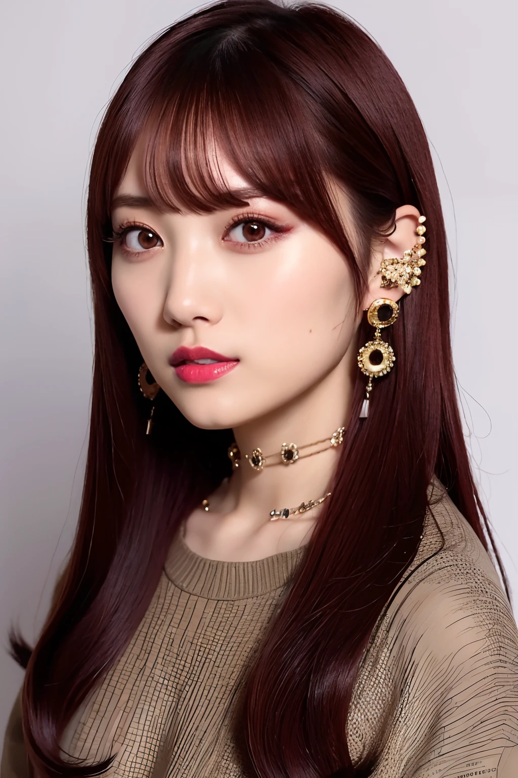 master piece, 8k, 1girl, (dark red hair:1.2), (long hair:1.1), (hime_cut:1), cute, idol, false eyelashes:1.2, (eyeliner:1.2), (ear piercings:1.3), upper body, black sweater