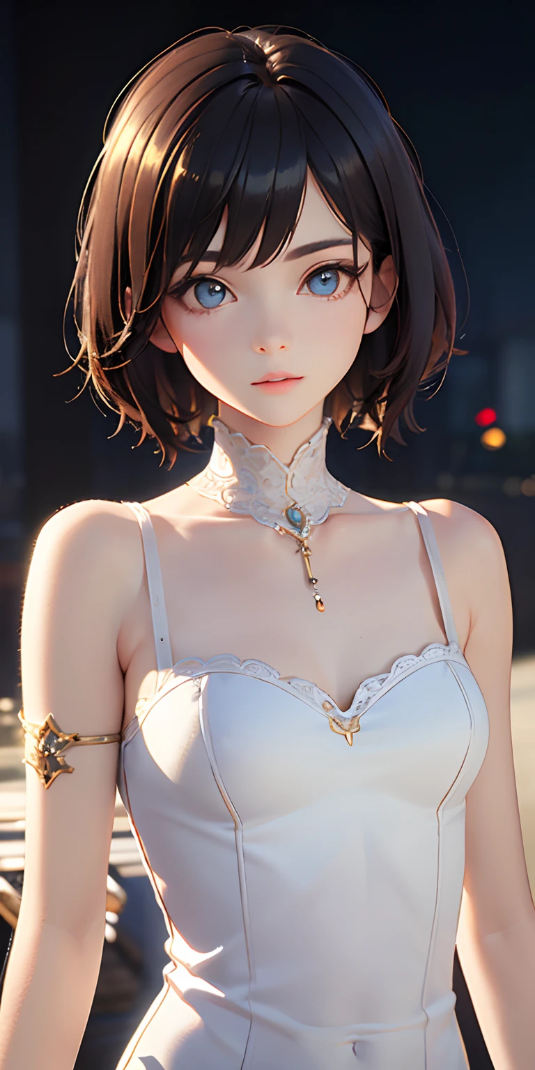 ((((masterpiece, best quality, high resolution)))), (1girl:1.5), ((short silky hair, black hair, blue eyes, sharp eyes, choker)), (perky breasts:1.2), blush, (cheeky smile, parted lips), glow, thighs, bare shoulders, collarbone, narrow waist, (slender body figure), (beautiful detailed face, beautiful detailed eyes), ((white satin nightgown, thin material)), (standing up), looking at viewer, nighttime, bedroom