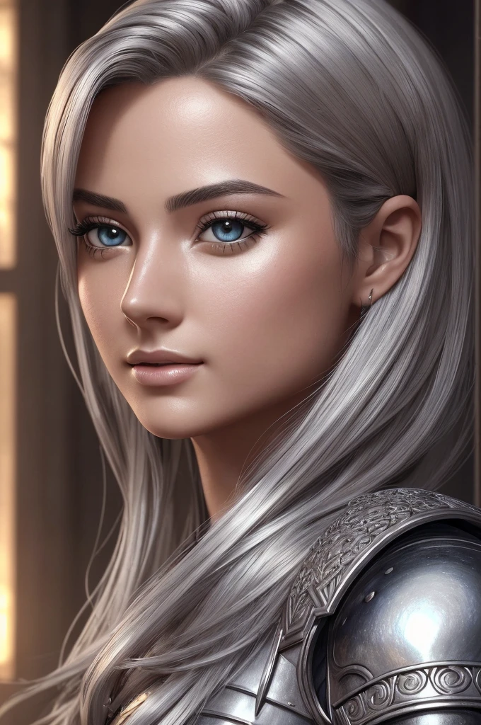 (masterpiece), best quality, expressive eyes, perfect face,(photorealistic:1.4), (masterpiece, sidelighting, finely detailed beautiful eyes: 1.2), masterpiece*portrait, realistic, 3d face, glowing eyes, shiny hair, lustrous skin, solo, shy, (midriff),short hair ,ponytail,1girl, female knight ,looking at rose in hand, blush,(Extreme Detail CG Unity 8K wallpaper, masterpiece, highest quality), (Exquisite lighting and shadow, highly dramatic picture, Cinematic lens effect),silver gray hair color, (excellent rendering)