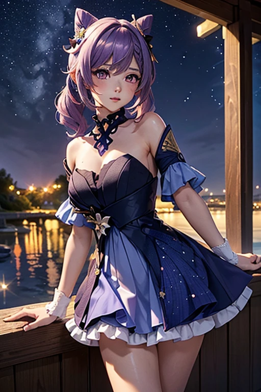 A girl, Keqing , Genshin Impact, blushing face , Summer Dress (Butterfyl pattern)) (Best quality:1.1), (Masterpiece:1.4), 1fille, (cheveux volumineux)+ , ((cheveux longs))++, cheveux longs , (Yeux violet) , (big lips)+, peau brillante, brillant, starry night,