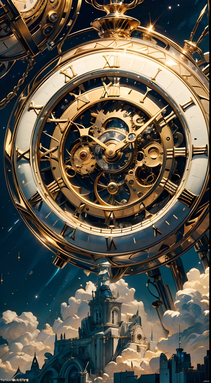 8K, 16k, Award-winning, Highest quality, Highest resolution, Super detail, High detail, Anatomically correct, Masterpiece),UHR, A clock in the starry sky,The timekeeping mechanism of the future, delicate craftsmanship , A legendary mechanical clock, Rare and precious, Intricate details, Smart clocks are made of a metal called orichalcum, There are no gemstones, (The inside of the mechanical clock is engraved with ancient characters: 1.2), Impeccable, Platinum, White, Gold and silver, Mysterious starry sky,cyber punk perssonage,high - tech,hyper realisitc,Sci-fi dreams