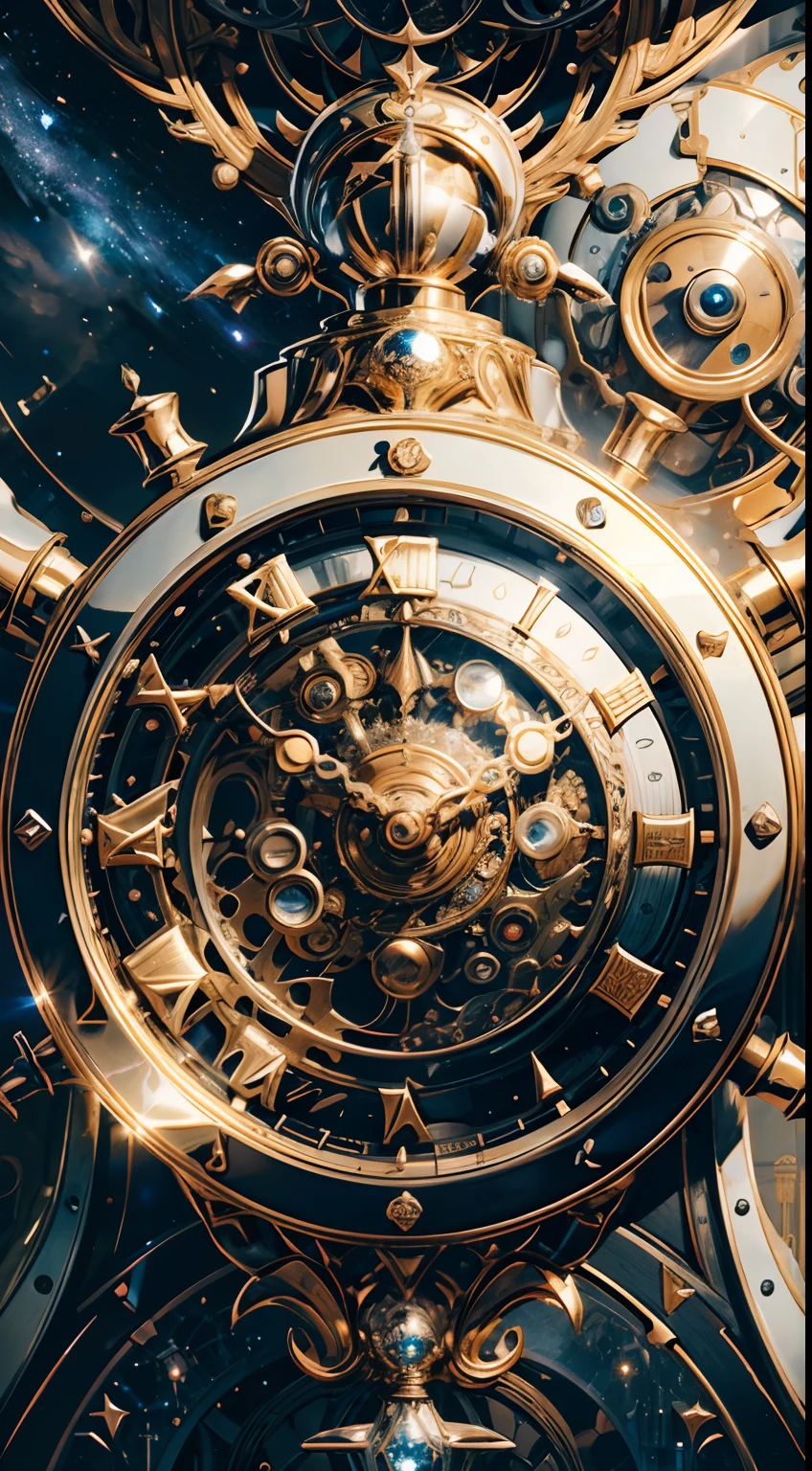 8K, 16k, Award-winning, Highest quality, Highest resolution, Super detail, High detail, Anatomically correct, Masterpiece),UHR, A clock in the starry sky,The timekeeping mechanism of the future, delicate craftsmanship , A legendary mechanical clock, Rare and precious, Intricate details, Smart clocks are made of a metal called orichalcum, There are no gemstones, (The inside of the mechanical clock is engraved with ancient characters: 1.2), Impeccable, Platinum, White, Gold and silver, Mysterious starry sky,cyber punk perssonage,high - tech,hyper realisitc,Sci-fi dreams