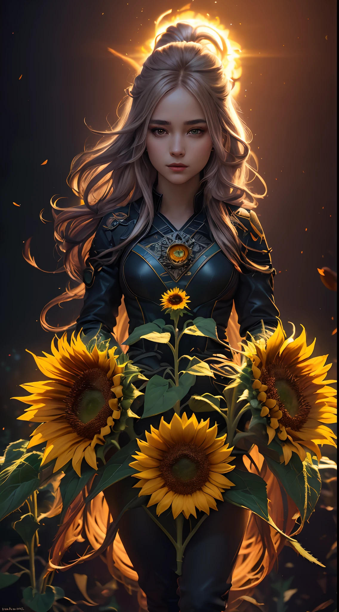 Fantasy, a beautiful female, Surrounded by sunflower, holding a sunflower, finely detailed features, hair exploding into multicolored flowers, intricate brush strokes, beautiful lighting, Cinematic, Color Grading, full body, stylized anatomy, long hair, UHD, 16k