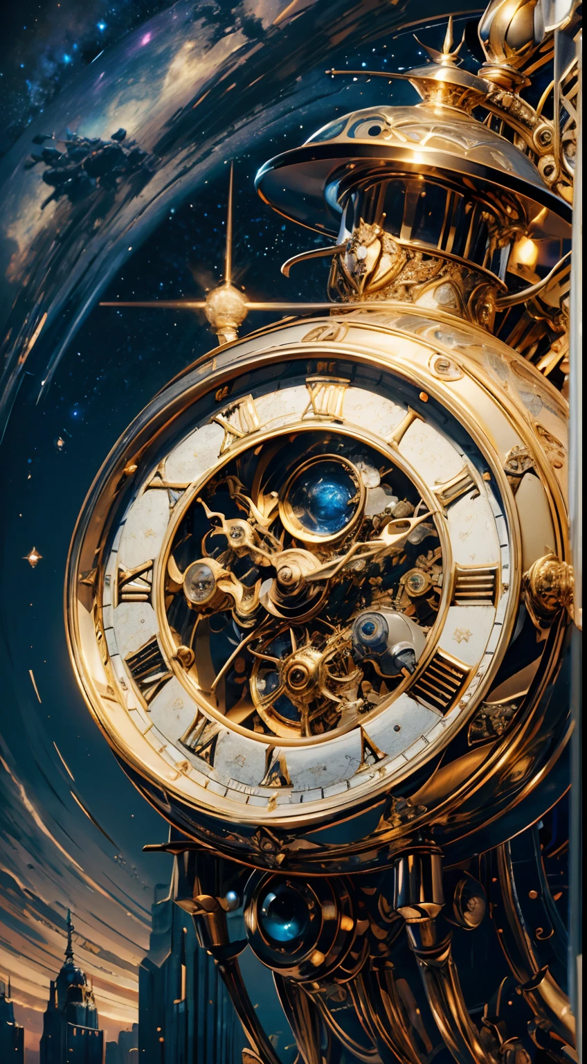 8K, 16k, Award-winning, Highest quality, Highest resolution, Super detail, High detail, Anatomically correct, Masterpiece),UHR， A clock in the starry sky，The timekeeping mechanism of the future, delicate craftsmanship , A legendary mechanical clock, Rare and precious, Intricate details, Smart clocks are made of a metal called orichalcum, There are no gemstones, (The inside of the mechanical clock is engraved with ancient characters: 1.2), Impeccable, Platinum, White, Gold and silver, Mysterious starry sky，cyber punk perssonage，high - tech，hyper realisitc，Sci-fi dreams
