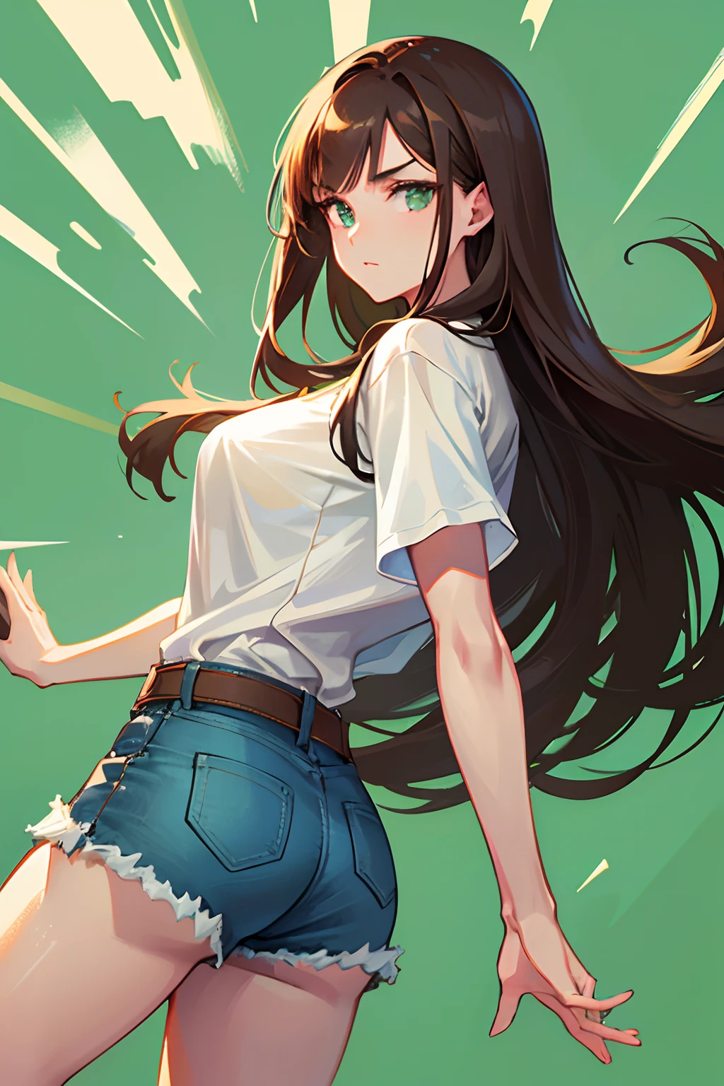 A young woman with long, dark brown hair and big, expressive green eyes with a slender body wearing plain white shirt and denim shorts