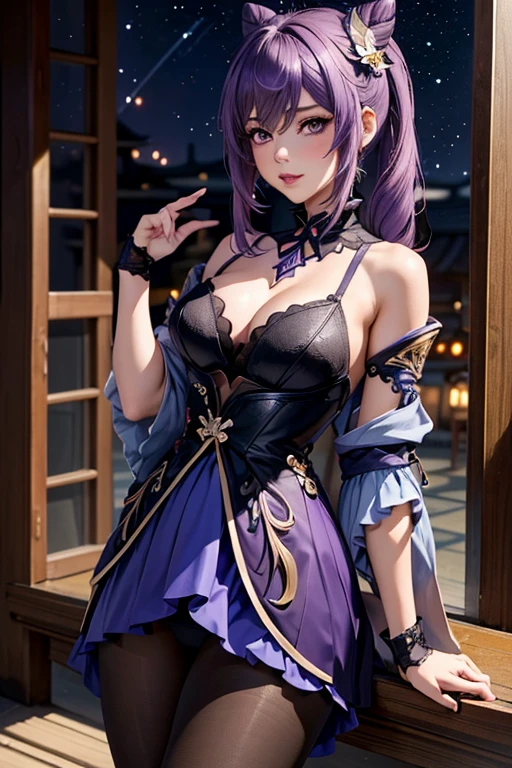 A girl, Keqing , Genshin Impact, blushing face , Black lacebody, Sexy Underwear, (Best quality:1.1), (Masterpiece:1.4), 1fille, (cheveux volumineux)+ , ((cheveux longs))++, cheveux longs , (Yeux violet) , (big lips)+, peau brillante, brillant, starry night,