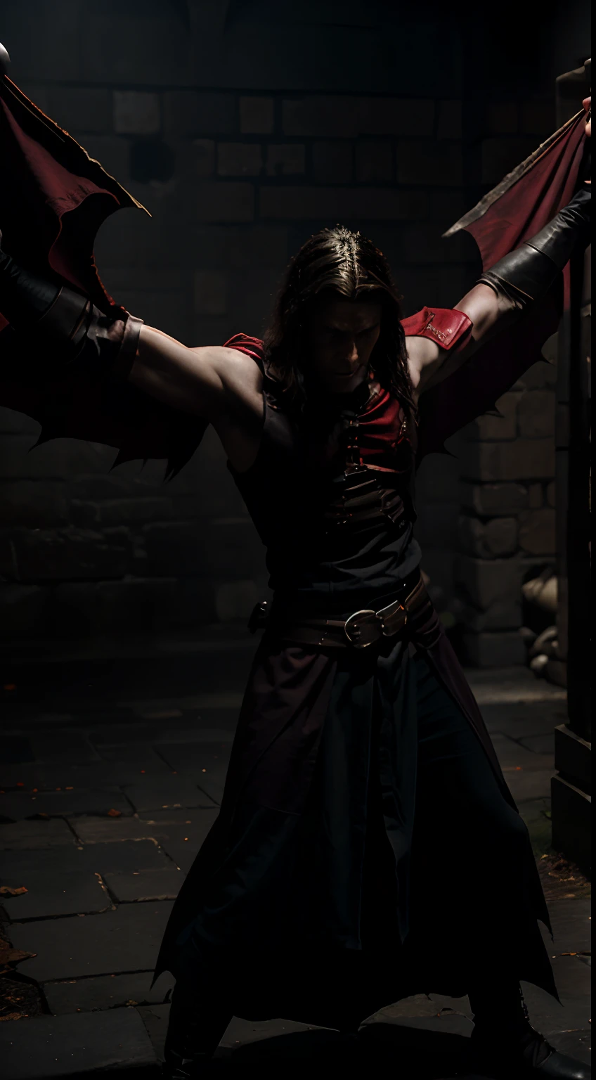 motivation, dark,evil, medieval, male,red, darker, dark background, evil character, medieval style, fighting dark pit, dead monsters