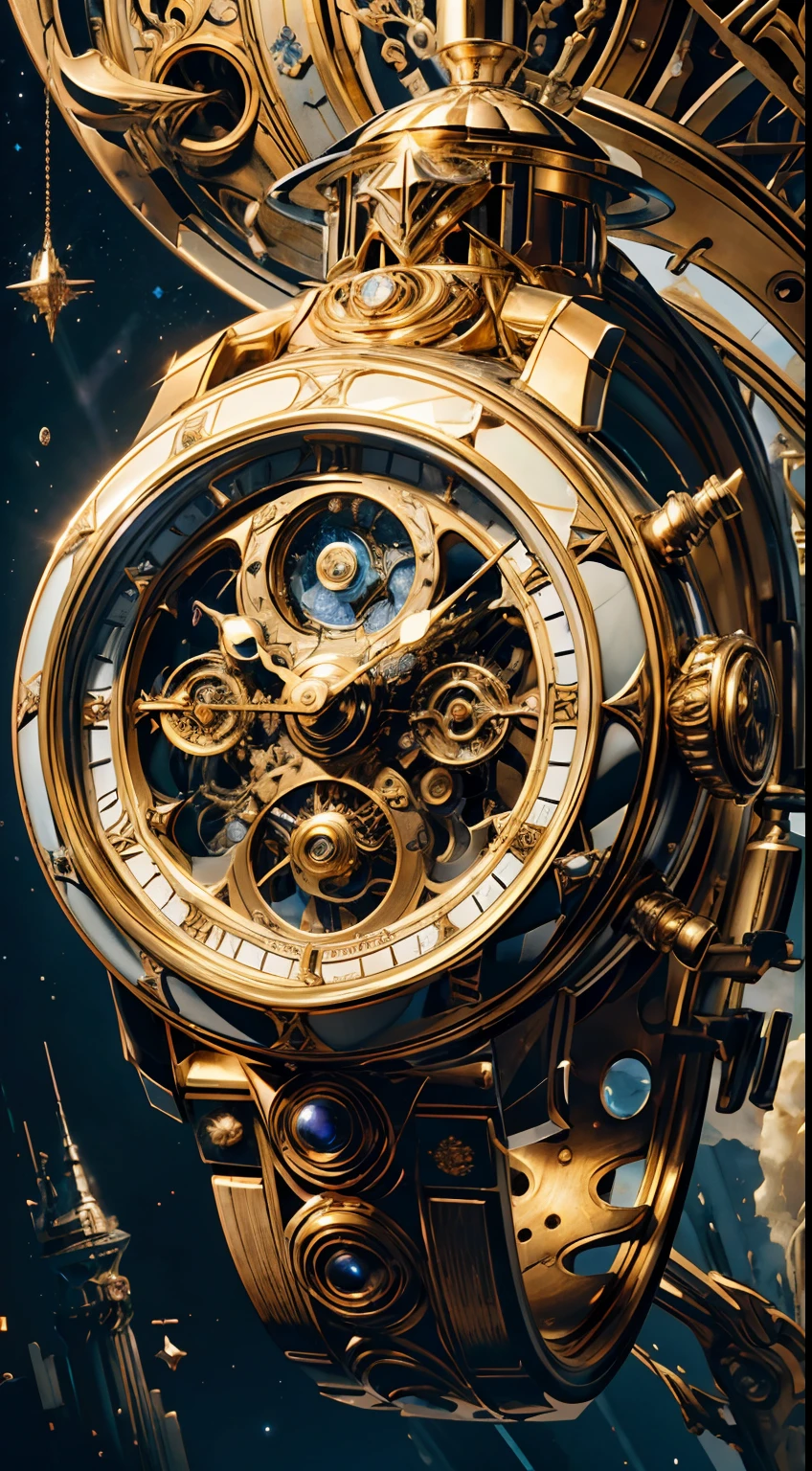 8K, 16k, Award-winning, Highest quality, Highest resolution, Super detail, High detail, Anatomically correct, Masterpiece),UHR, A clock in the starry sky,The timekeeping mechanism of the future, delicate craftsmanship , A legendary mechanical clock, Rare and precious, Intricate details, Smart clocks are made of a metal called orichalcum, There are no gemstones, (The inside of the mechanical clock is engraved with ancient characters: 1.2), Impeccable, Platinum, White, Gold and silver, Mysterious starry sky,cyber punk perssonage,high - tech,hyper realisitc,Sci-fi dreams