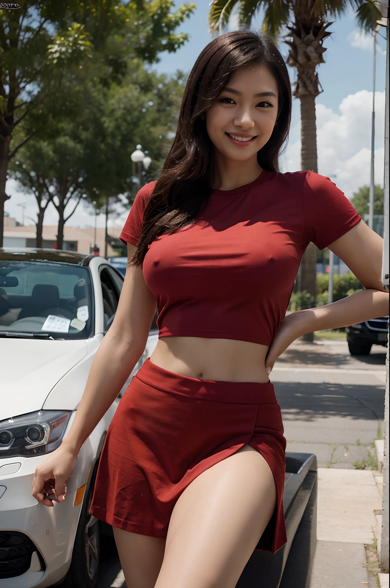 asian,sexy,d cup size,ultra realistic,complete body,fine details,masterpiece,best quality,very detailed,cinematic,super detailed,smiley face,inside parking lot,smiley face,only red t-shirt,only short red skirt