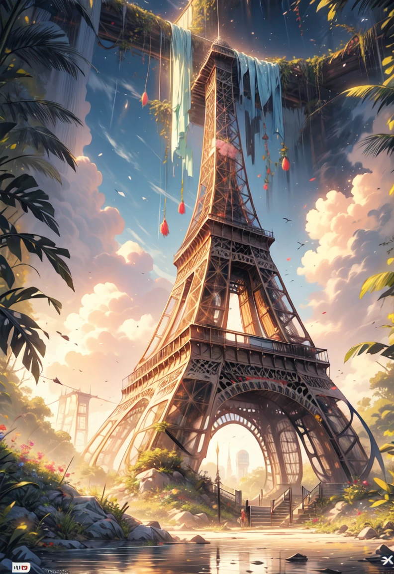 painting of an abandoned Eiffel tower, overgrown vegetation,small colorfull flowers around Eiffel tower, sunkissed image,rain forest,rainy day, beautiful art uhd 4 k, a beautiful artwork illustration, beautiful digital painting, highly detailed digital painting, beautiful digital artwork, a detailed painting 4 k, overgrown abandoned rainforest ,very detailed digital painting, rich picturesque colors, gorgeous digital painting