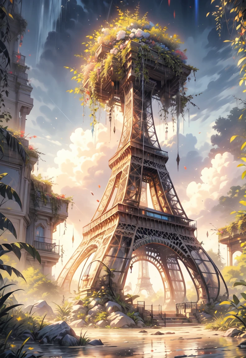 painting of an abandoned Eiffel tower, overgrown vegetation,small colorfull flowers around Eiffel tower, sunkissed image,rain forest,rainy day, beautiful art uhd 4 k, a beautiful artwork illustration, beautiful digital painting, highly detailed digital painting, beautiful digital artwork, a detailed painting 4 k, overgrown abandoned rainforest ,very detailed digital painting, rich picturesque colors, gorgeous digital painting