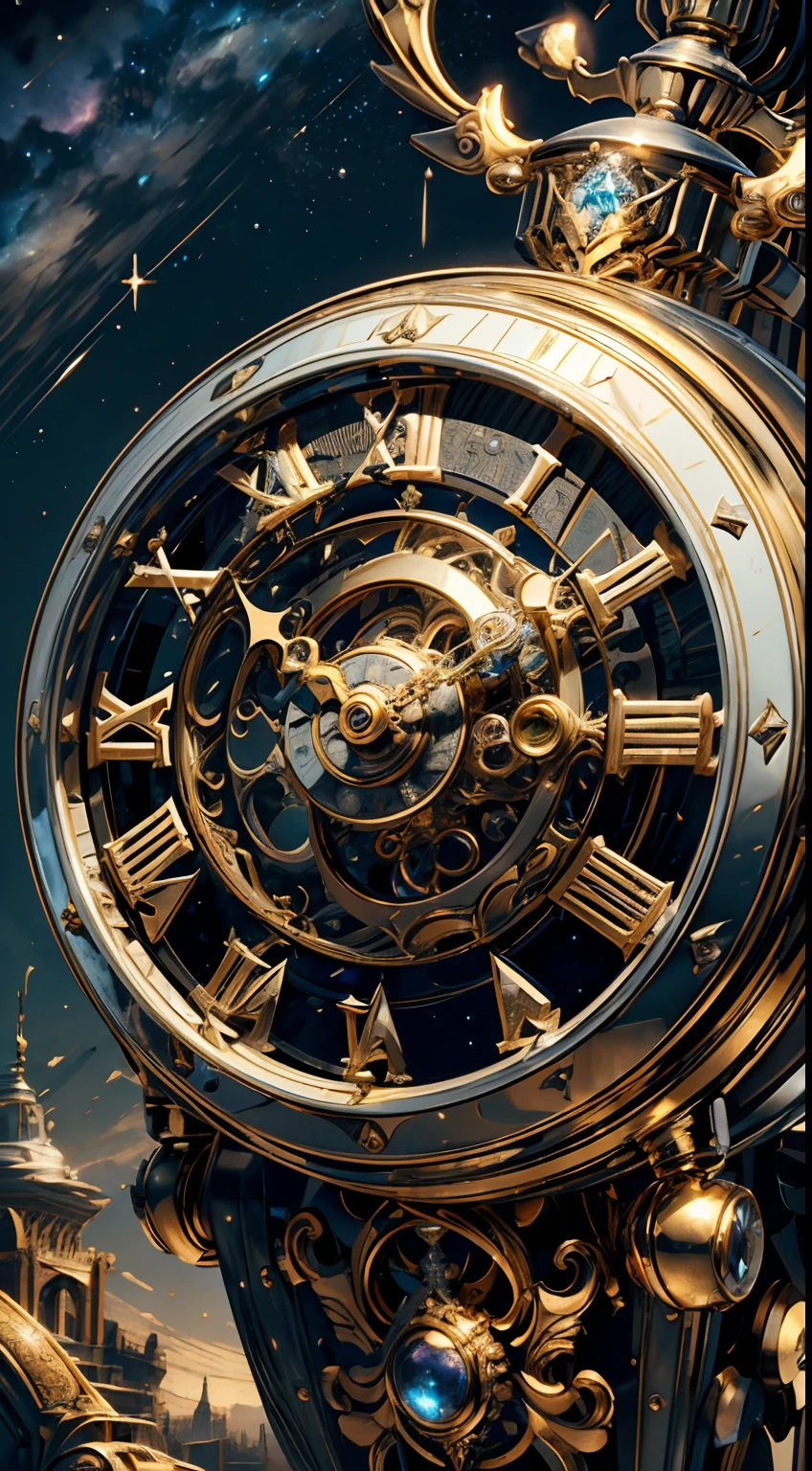 (8K, 16k, Award-winning, Highest quality, Highest resolution, Super detail, High detail, Anatomically correct, Masterpiece),UHR, A clock in the starry sky,The timekeeping mechanism of the future, delicate craftsmanship , A legendary mechanical clock, Rare and precious, Intricate details, Smart clocks are made of a metal called orichalcum, There are no gemstones, (The inside of the mechanical clock is engraved with ancient characters: 1.2), Impeccable, Platinum, White, Gold and silver, Mysterious starry sky,cyber punk perssonage,high - tech,hyper realisitc,Sci-fi dreams