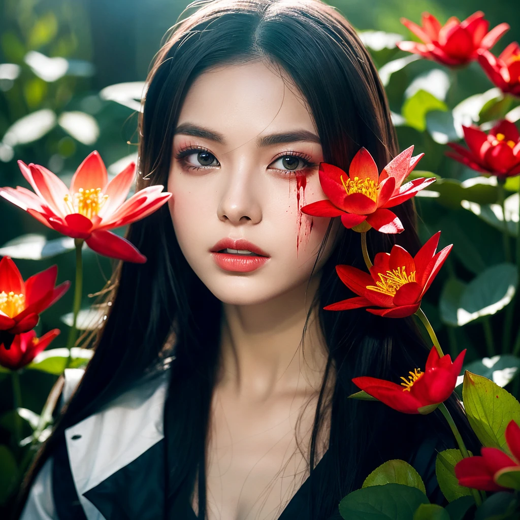 A girl in the painting "Boots Crimson Lotus" stands out among the vibrant red and white flowers. Her pale, porcelain-like skin contrasts with the deep, scarlet color of her lips. Her captivating eyes show intense emotion, with an intriguing hint of mystery. Next to her, another girl, her sister, has blood smeared on her face and clothes, adding a contrasting, sinister element to the scene.
The medium used for this artwork is oil painting, providing richness and texture to the composition. The details of the girls' faces and the garden are meticulously depicted, showcasing the artist's talent and attention to detail. The brushstrokes create depth and dimension, making the figures come alive.
In this high-resolution masterpiece (best quality, 4k, 8k, highres, masterpiece:1.2), the level of detail is extraordinary. Each flower petal, each strand of hair, and each bloodstain is as if it could be touched. The realism (realistic, photorealistic, photo-realistic:1.37) achieved in this painting is awe-inspiring, making the viewer question whether they are looking at a photograph or a work of art.
The overall art style of this painting can be described as a mix of traditional portrait and horror genres. The artist skillfully combines the beauty of the girls' features with the unsettling presence of blood, creating a captivating and slightly disturbing visual experience. This artwork belongs to a larger collection inspired by Korean folklore and ghost stories.
The color palette is dominated by shades of red, symbolizing passion, love, and the ominous presence of blood. The lighting in the painting is dramatic, with a spotlight illuminating the girls' faces while the rest of the garden is shrouded in darkness. The contrast between light and shadow adds depth and intrigue to the composition, enhancing the overall dramatic effect.
With this prompt, Stable Diffusion will generate an image that captures the essence of "Boots Crimson Lotus" with two sisters covered in blood