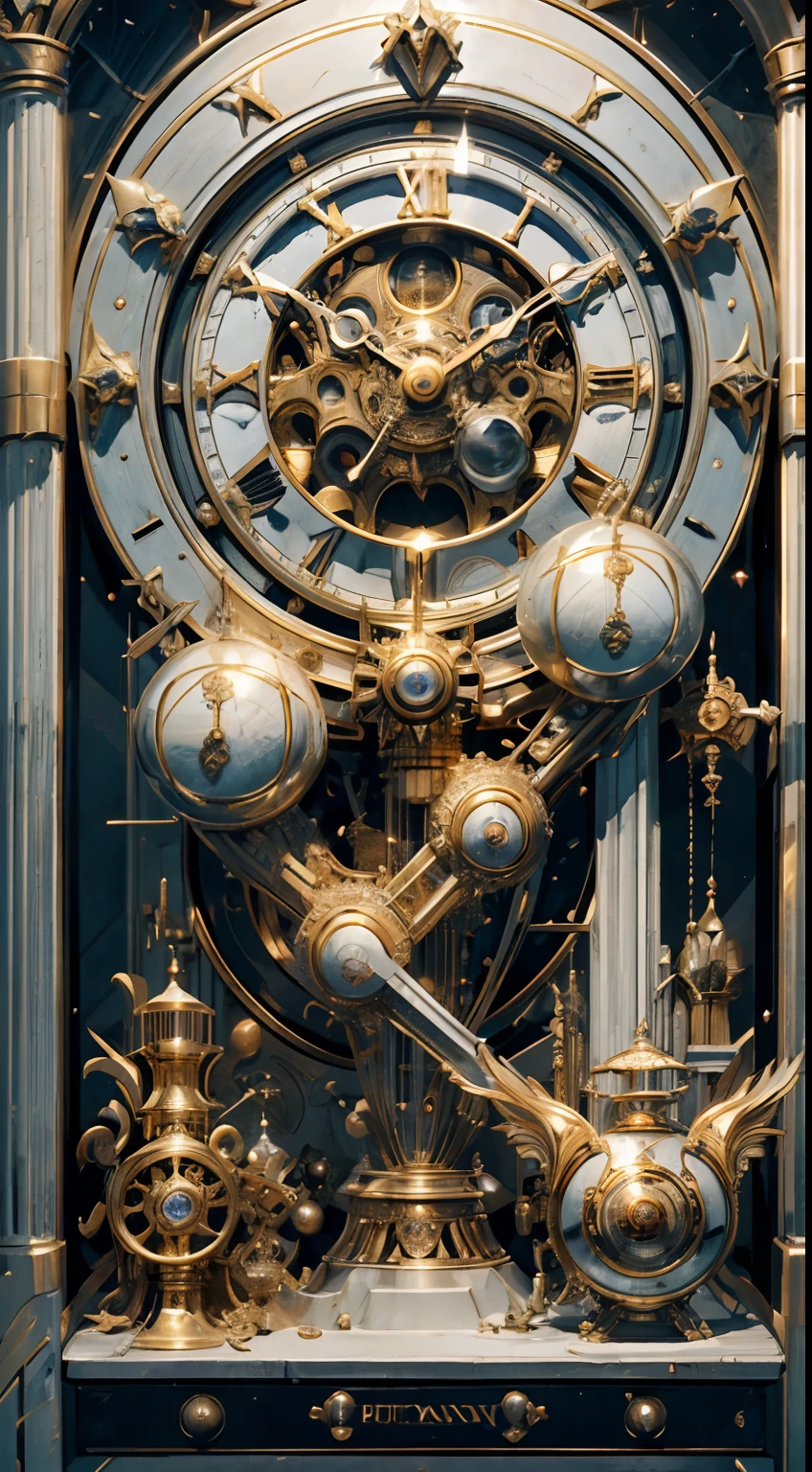 (8K, 16k, Award-winning, Highest quality, Highest resolution, Super detail, High detail, Anatomically correct, Masterpiece),UHR, Clock on the bell tower of the church,Ancient chronometric mechanism, delicate craftsmanship , A legendary mechanical clock, Rare and precious, Intricate details, Smartphones are made of a metal called orichalcum, There are no gemstones, (The inside of the mechanical clock is engraved with ancient characters: 1.2), Impeccable, Platinum, White, Gold and silver, Church bell tower,cyber punk perssonage