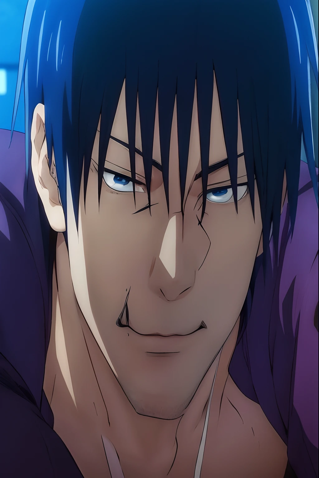 anime guy with blue hair and blue eyes staring at the camera, hijikata toushirou of gintama, okata kazuto, roguish smirk, nobutaka ike, yuyushiki, tsukasa dokite, shikanosuke yagaki, hijikata toushirou, as an anime character, male anime character. Ultra high resolution, photorealistic:1.4, UHD, ultra high detail.