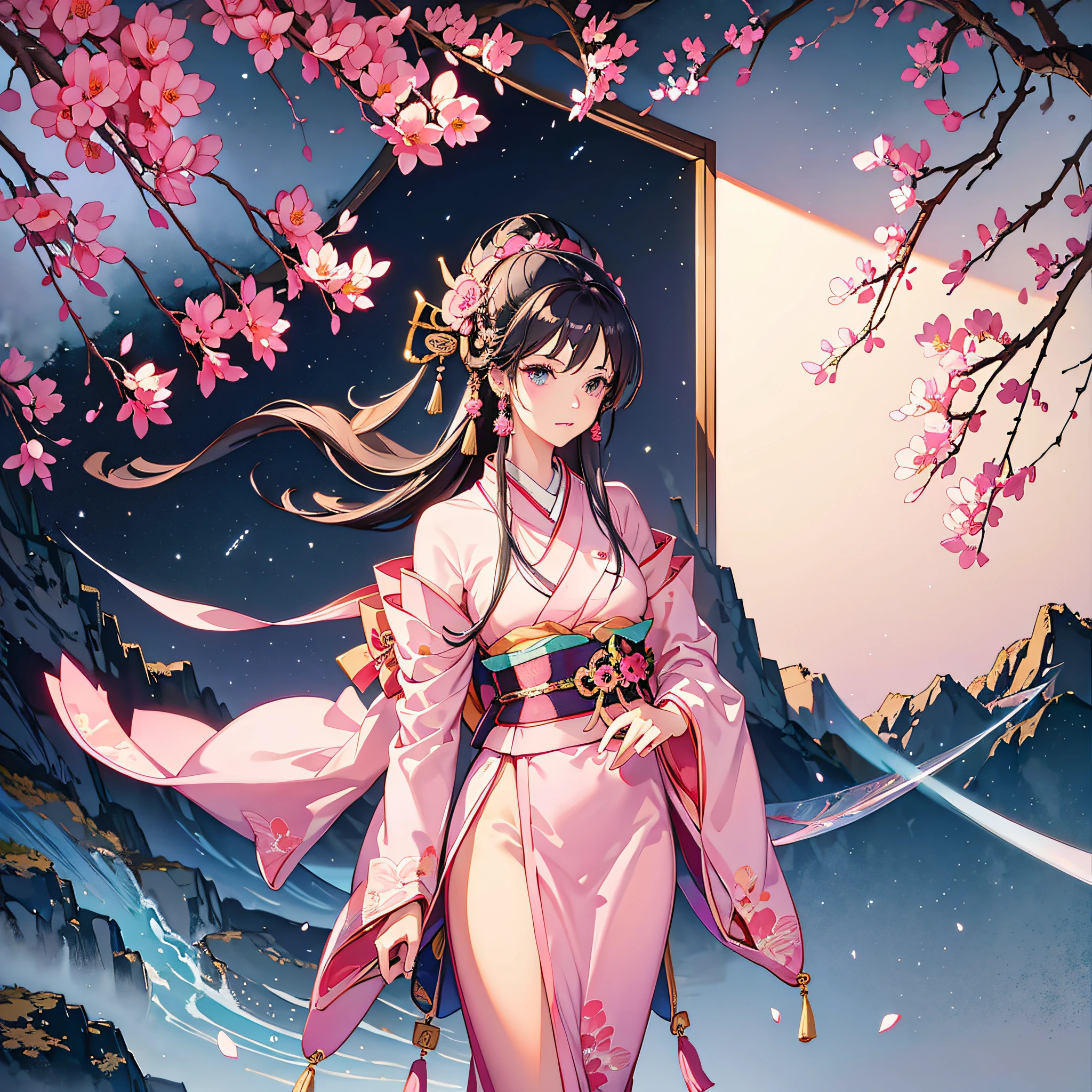 masterpiece,best quality,1girl, katana, light pink kimono with flower decoration patterns on, sword on waist, mature, japanese,adult
