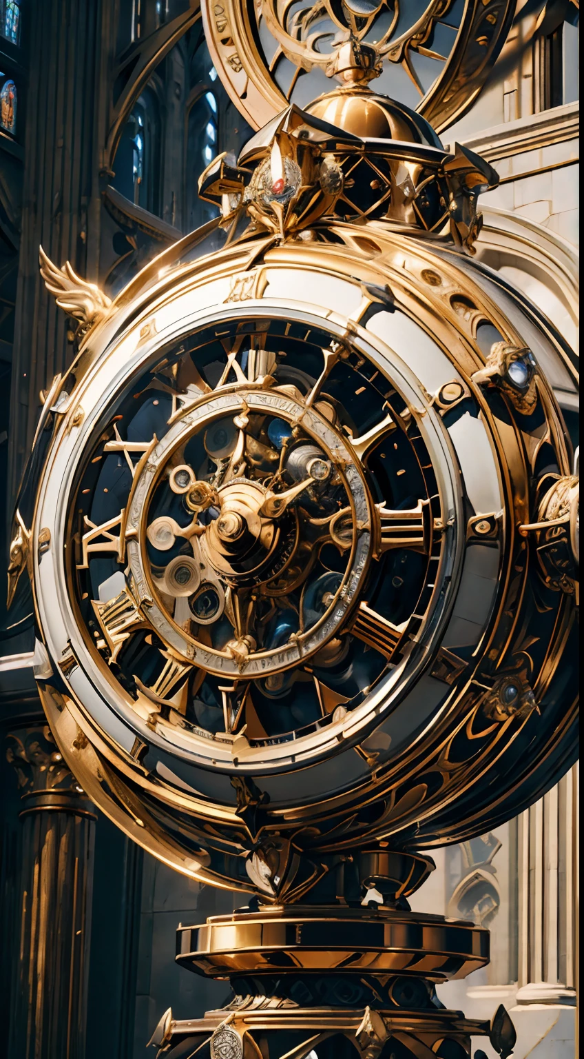 (8K, 16k, Award-winning, Highest quality, Highest resolution, Super detail, High detail, Anatomically correct, Masterpiece),UHR, Clock on the bell tower of the church,Ancient chronometric mechanism, delicate craftsmanship , A legendary mechanical clock, Rare and precious, Intricate details, Smartphones are made of a metal called orichalcum, There are no gemstones, (The inside of the mechanical clock is engraved with ancient characters: 1.2), Impeccable, Platinum, White, Gold and silver, Church bell tower,cyber punk perssonage