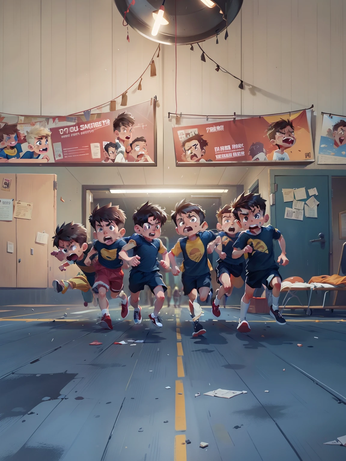 Several young boys running around angrily