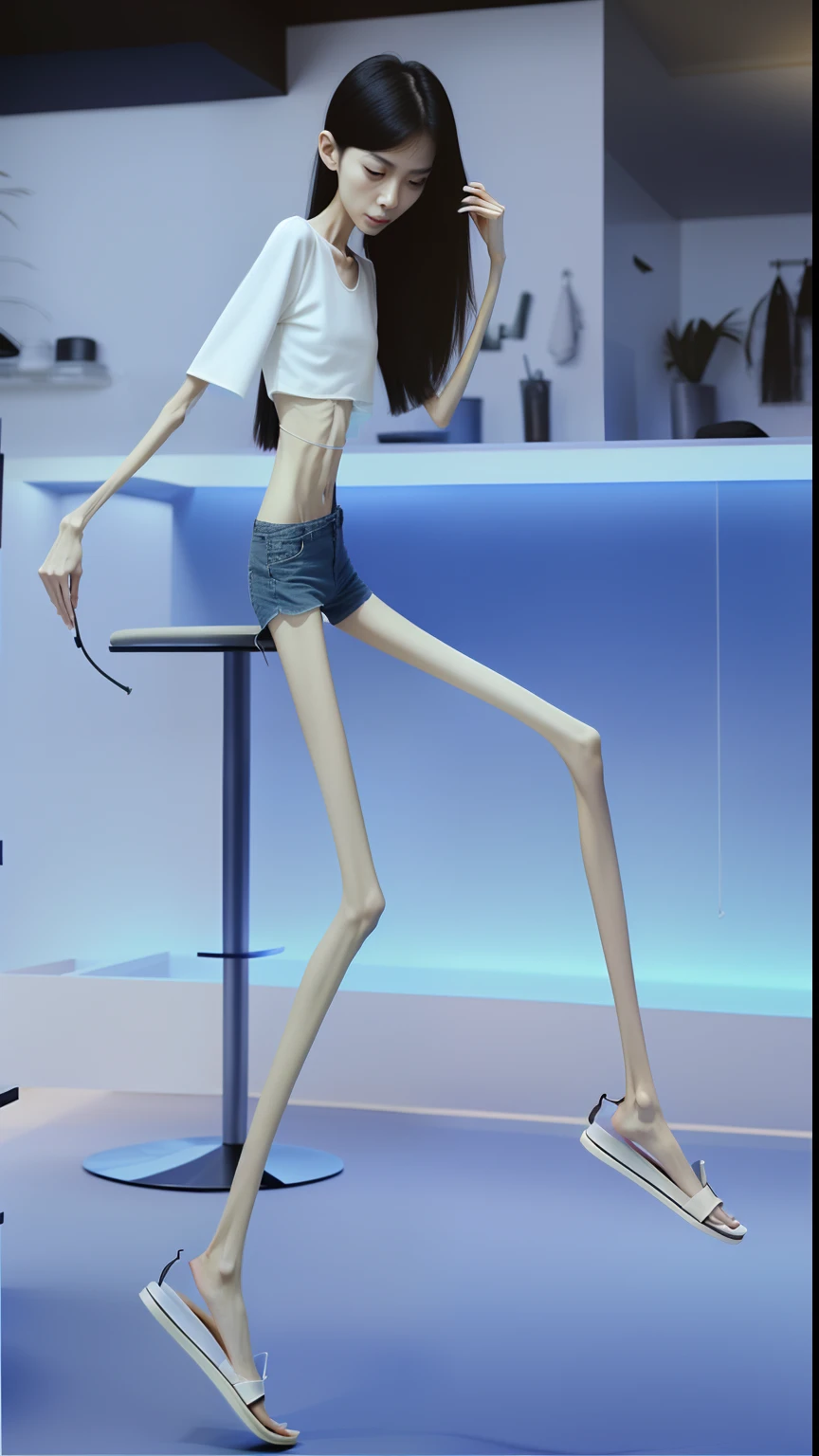 Extremely thin woman, A thin body,Protruding sternum,Slim waist,The ribs are noticeable,The pelvis is visibly protruding,White skin of the,Thin shoulders,Very slim waist,Extremely skinny,Sunken abdomen,Vacuum belly,Skinny figure,short detailed hair,Haggard face,Wear slippers