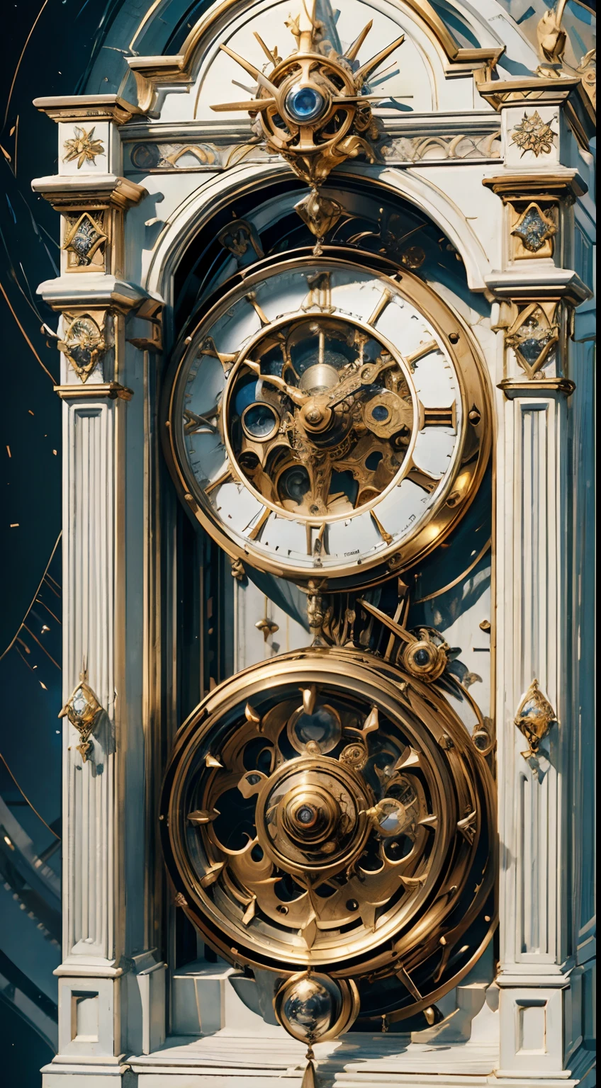 (8K, 16k, Award-winning, Highest quality, Highest resolution, Super detail, High detail, Anatomically correct, Masterpiece),UHR， Clock on the bell tower of the church，Ancient chronometric mechanism, delicate craftsmanship , A legendary mechanical clock, Rare and precious, Intricate details, Smartphones are made of a metal called orichalcum, There are no gemstones, (The inside of the mechanical clock is engraved with ancient characters: 1.2), Impeccable, Platinum, White, Gold and silver, Church bell tower，cyber punk perssonage