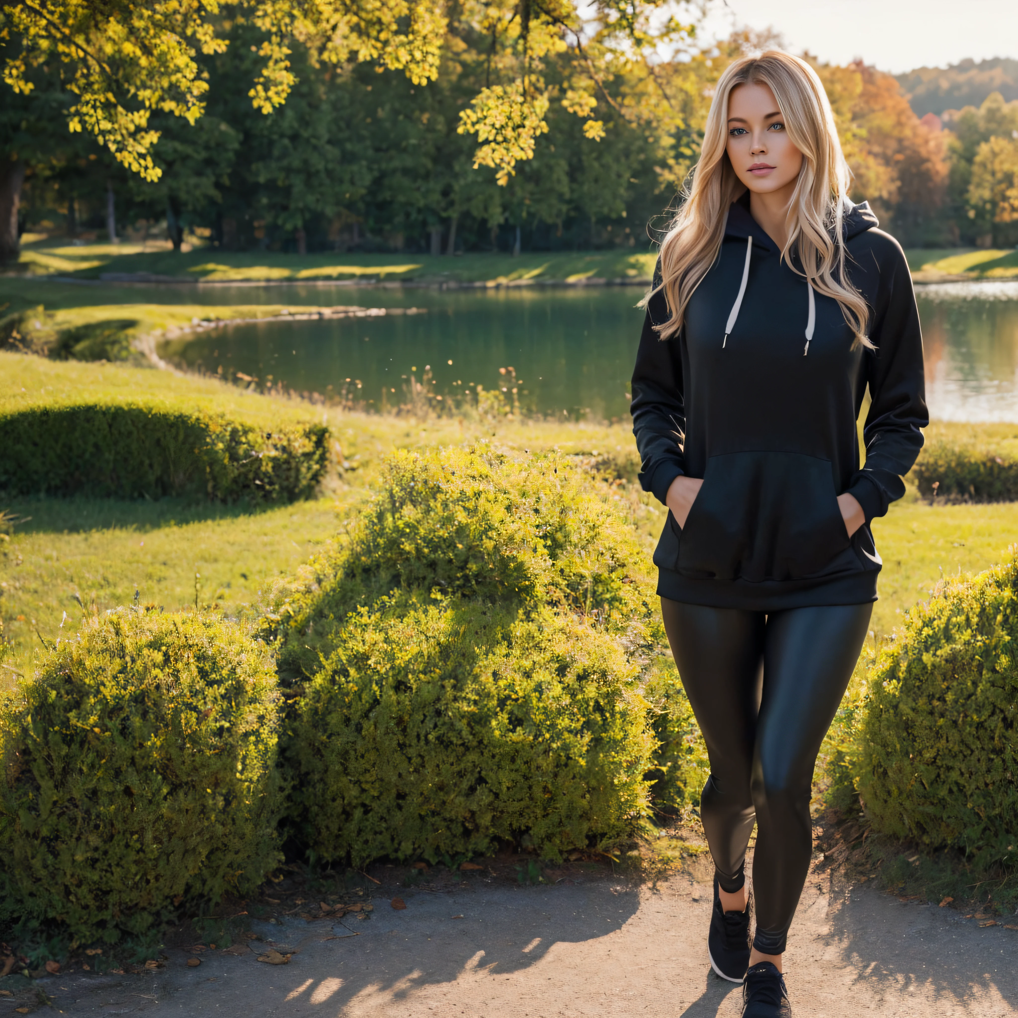 Generate a sexy photo featuring ((1 blonde)) woman near the lake in autumn. The charismatic blonde influencer should be 20 years old and approximately 5'8" tall. She has beautiful blonde hair. She has a fit figure, emphasized by her medium breasts. Her complexion is flawless, adorned with a warm, sun-kissed tan. Her expressive blue eyes radiate charisma, reflecting her alluring and confident demeanor. Cleavage. She is dressed in ((comfy black leggings with a matching hoodie)). The outfit exudes comfort and style, perfectly complementing the atmosphere. The setting is near the lake in autumn, creating a very relaxing and cool vibe. She has a cute look on her face ((Her hands are in the pockets)). The photography should emphasize the serene and charming nature of the scene, with photorealistic details, path tracing, specular lighting, volumetric face light, path traced hair, visible shadows, and an intricate, hyper-realistic