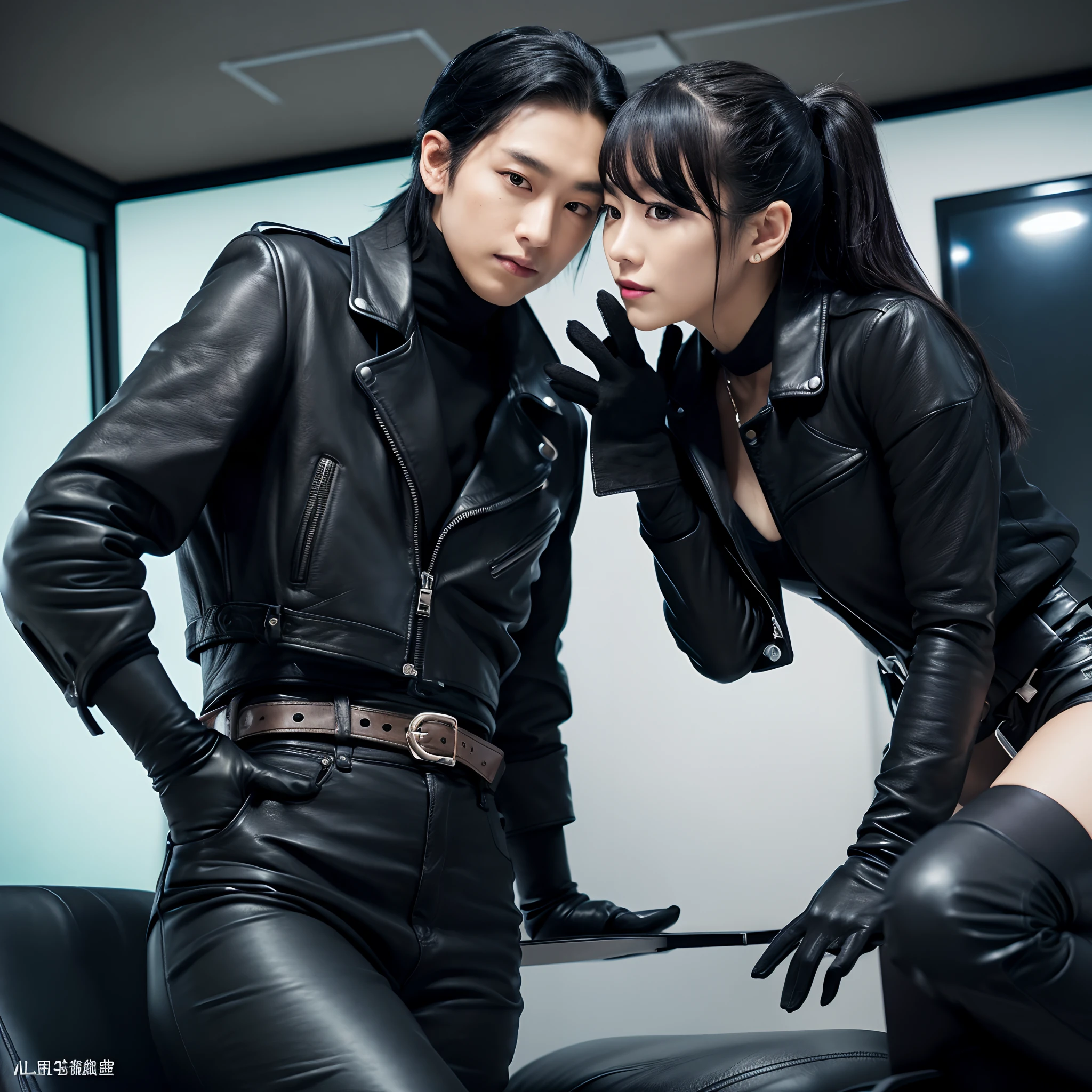 Black leather double rider's jacket, Office in the Dark, With the fingertips of the black leather gloves of both hands while looking at the screen、Tapping the keys on the keyboard of a black laptop on a desk,Sitting on a black leather chair、 Japan Female New Employees (Black leather gloves cover both hands) (The angle is sideways)、Black Leather Skinny Pants、Long black leather boots on both legs、Black hair ponytail ((He wears black leather gloves on both hands))