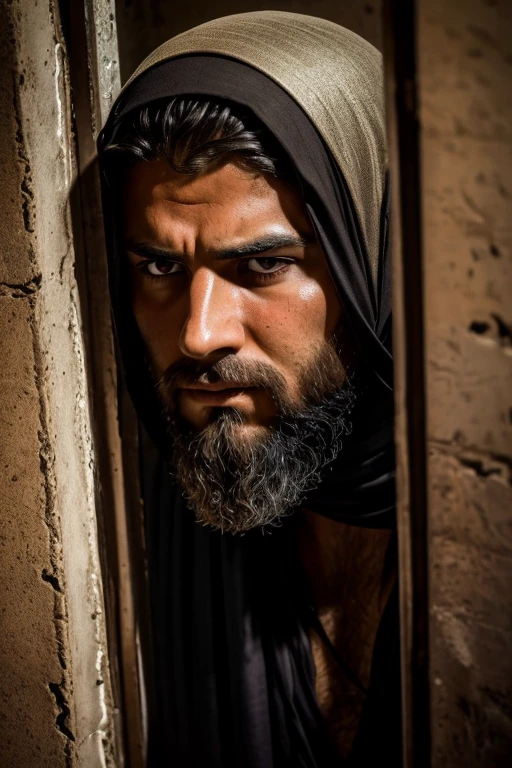 (best quality,highres:1.2),ultra-detailed,(realistic,photo-realistic:1.37), a middle eastern woman with headscarf in a cell, struggling, cinematic red lighting, detailed face, intense expression, worn-out clothes, shackles, damp walls, narrow corridor, dimly lit, heavy metal door, desperation, claustrophobic atmosphere, muted color palette, low-key lighting effect, shadows accentuating facial features, long beard, disheveled hair, perspiration, beams of light piercing through cracks, dramatic shadows and highlights, rugged texture, emotional turmoil, determination, unrest.