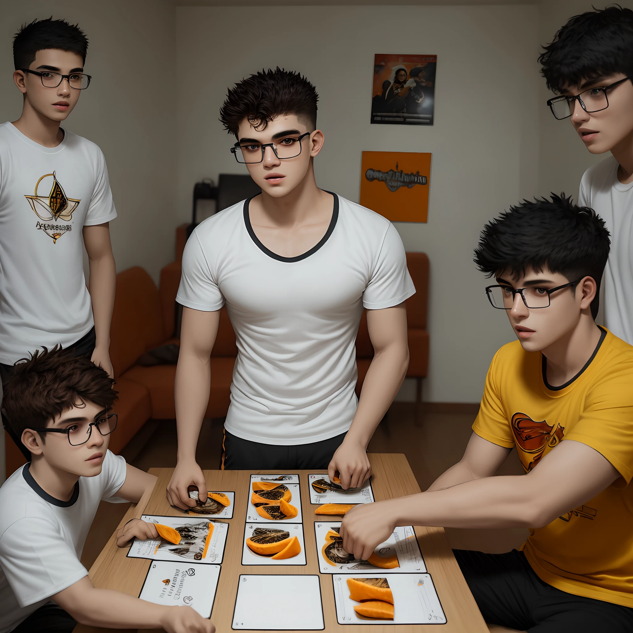Rapaz de cabelos castanhos, eyeglass, branco, 18 anos , e camiseta laranja em seu quarto jogando RPG.