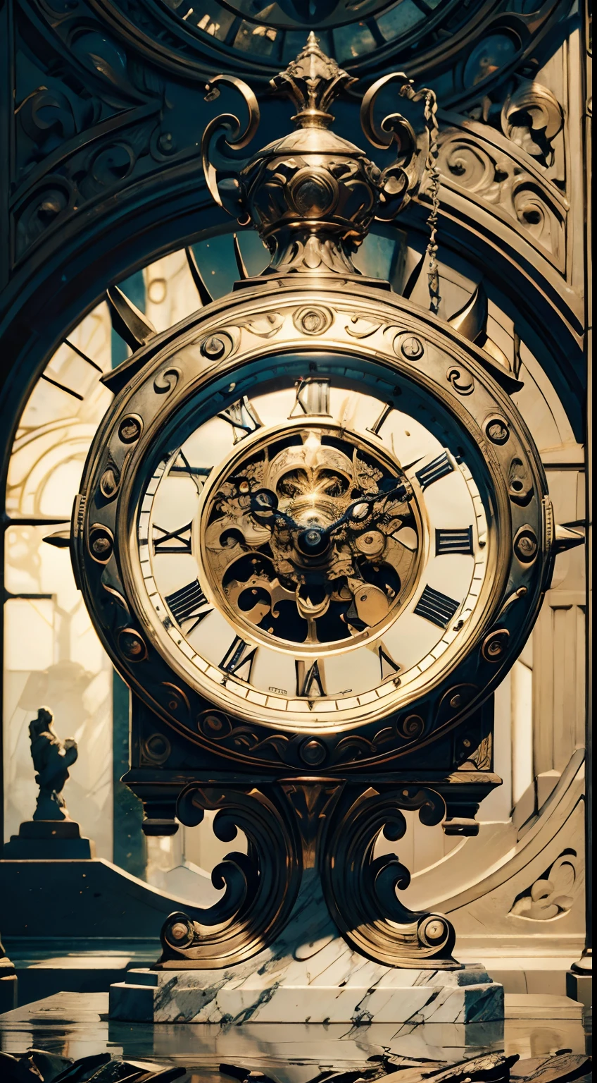 (8K, 16k, Award-winning, Highest quality, Highest resolution, Super detail, High detail, Anatomically correct, Masterpiece),Realistic full-body Greek white marble clock，Ancient chronometric mechanism, delicate craftsmanship , Rare and precious, The intricate details are realistic，Marble clock，detailed carvings,Timeless vintage,Stale and rustic,Ancient craftsmanship,shadows and light,Historical artifacts,Classic chronograph mechanism,Nostalgic,Charm,retro aesthetic,Weathered beauty,Ancient clocks,Ageing gracefully,Stone carving and craftsmanship,Precise marking,Entwined vines and flowers,Entry,Weathered beauty and personality,Backyard Point of Contact,ornate detail,A symbol of eternity,Harmony between past and present,Engraving calligraphy,artistic design+"]，A cinematic scene， 超詳細， Ultra photo realsisim， Bright lights， 8 k''