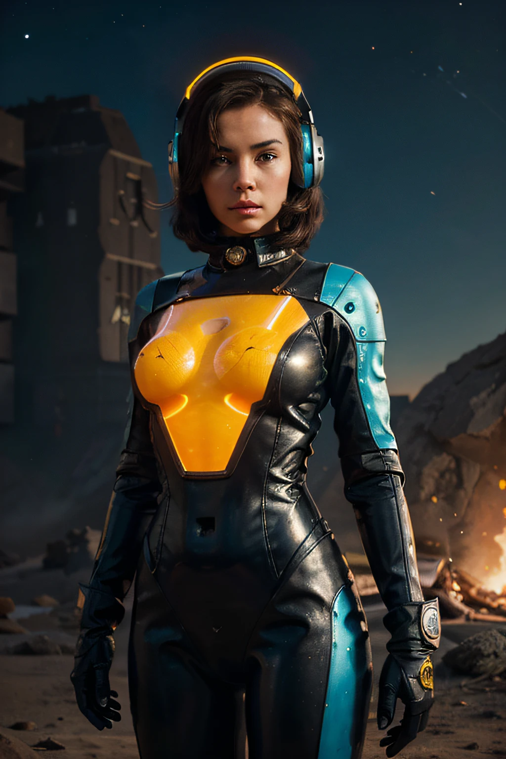 A Robot sexy Girl with helmet and the Rocketeer style, tongs in hands, Tv head, pinhead, Black and Yellow Pink Cyan Rusty, Ambient in a meteorite crater super detailed, center, beautiful, soft lighting, focused on the character, 4K resolution, photorealistic rendering.