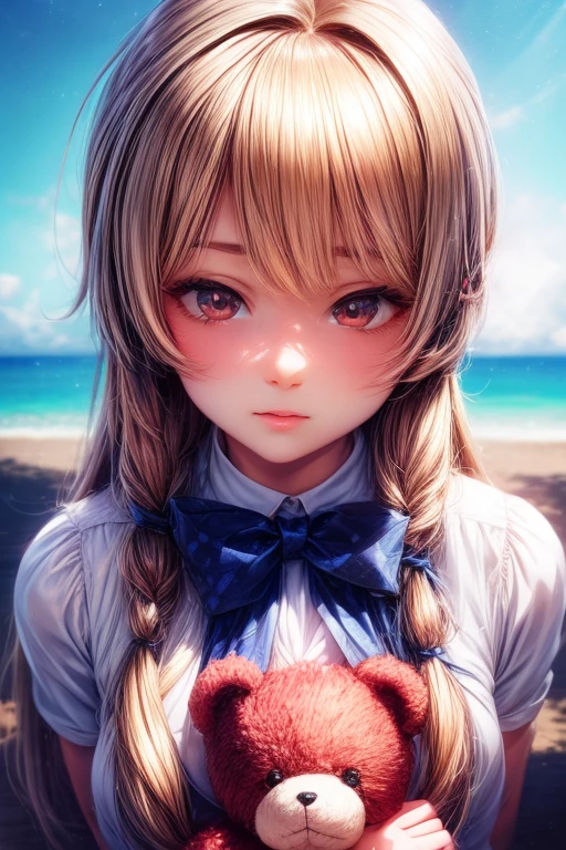 There is a woman holding a teddy bear on the beach, Kawaii realistic portrait, Cute anime girl, anime visual of a cute girl, Smooth anime CG art, Guviz-style artwork, portrait of cute anime girl, cute portrait, a beautiful anime portrait, Beautiful anime girl, Cute anime girl portrait, Realistic anime 3 D style