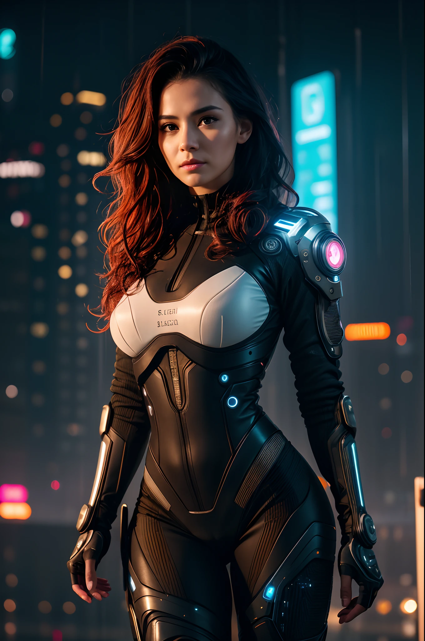 Angela is a beautiful 30 year old woman, wavy hair, detailed eyes, detailed face, high detail skin, strong compact body, (medium cup size), wearing cyberpunk clothes, futuristic cyberpunk city background, misty, wet, raining, best quality masterpiece, realistic photo, intricately detailed, 8k, HDR, shallow depth of field, wide light, high contrast, backlight, light flares, chromatic aberration, sharp focus, RAW color photo, looking at the camera, various poses