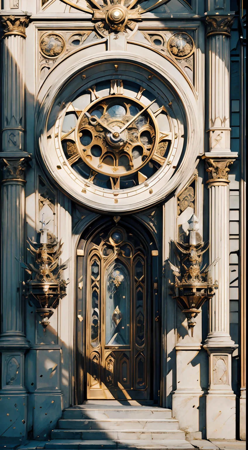 (8K, 16k, Award-winning, Highest quality, Highest resolution, Super detail, High detail, Anatomically correct, Masterpiece),UHR， Clock on the bell tower of the church，Ancient chronometric mechanism, delicate craftsmanship , A legendary mechanical clock, Rare and precious, Intricate details, Smartphones are made of a metal called orichalcum, There are no gemstones, (The inside of the mechanical clock is engraved with ancient characters: 1.2), Impeccable, Platinum, White, Gold and silver, Church bell tower，cyber punk perssonage