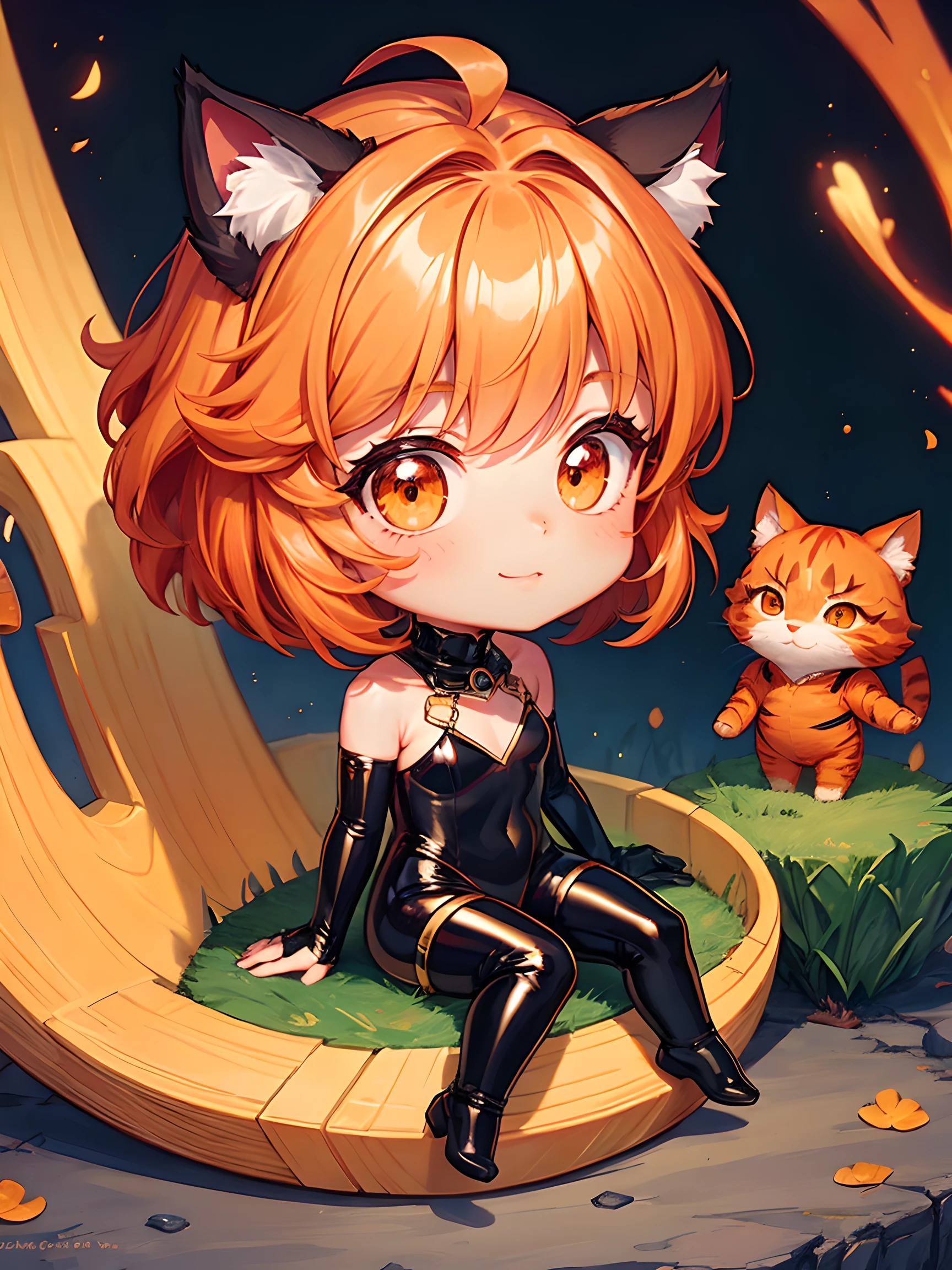 1girl in, cat girl, fantasy, orange hair, orange eyes, bob hair, orange cat ear, Mechanical black glossy metallic Bodysuit, Bare shoulders, Glossy, shiny material, chibi emote, chibi character, fantasy  village,