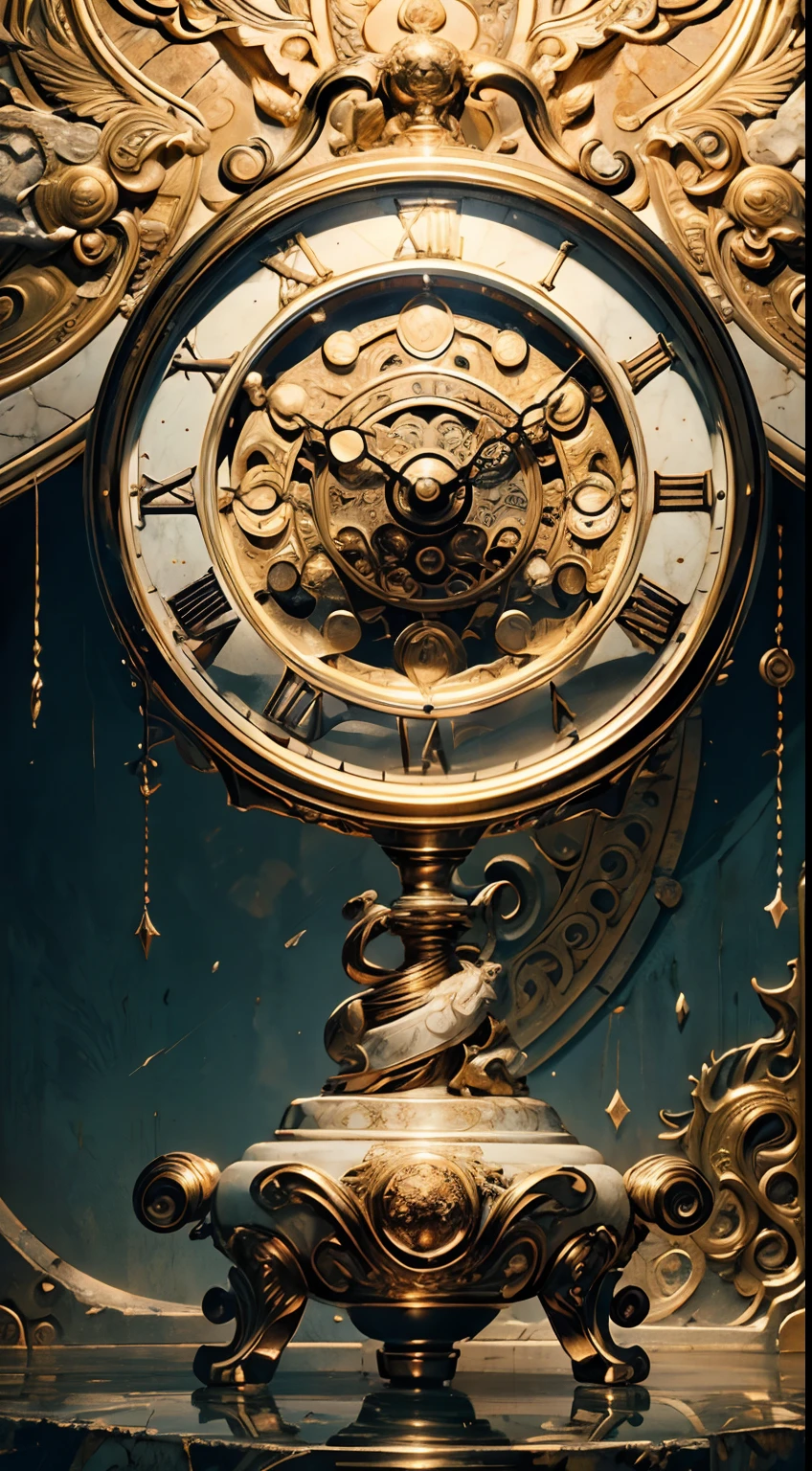 (8K, 16k, Award-winning, Highest quality, Highest resolution, Super detail, High detail, Anatomically correct, Masterpiece),Realistic full-body Greek white marble clock，Ancient chronometric mechanism, delicate craftsmanship , Rare and precious, The intricate details are realistic，Marble clock，detailed carvings,Timeless vintage,Stale and rustic,Ancient craftsmanship,shadows and light,Historical artifacts,Classic chronograph mechanism,Nostalgic,Charm,retro aesthetic,Weathered beauty,Ancient clocks,Ageing gracefully,Stone carving and craftsmanship,Precise marking,Entwined vines and flowers,Entry,Weathered beauty and personality,Backyard Point of Contact,ornate detail,A symbol of eternity,Harmony between past and present,Engraving calligraphy,artistic design+"]，A cinematic scene， 超詳細， Ultra photo realsisim， Bright lights， 8 k''