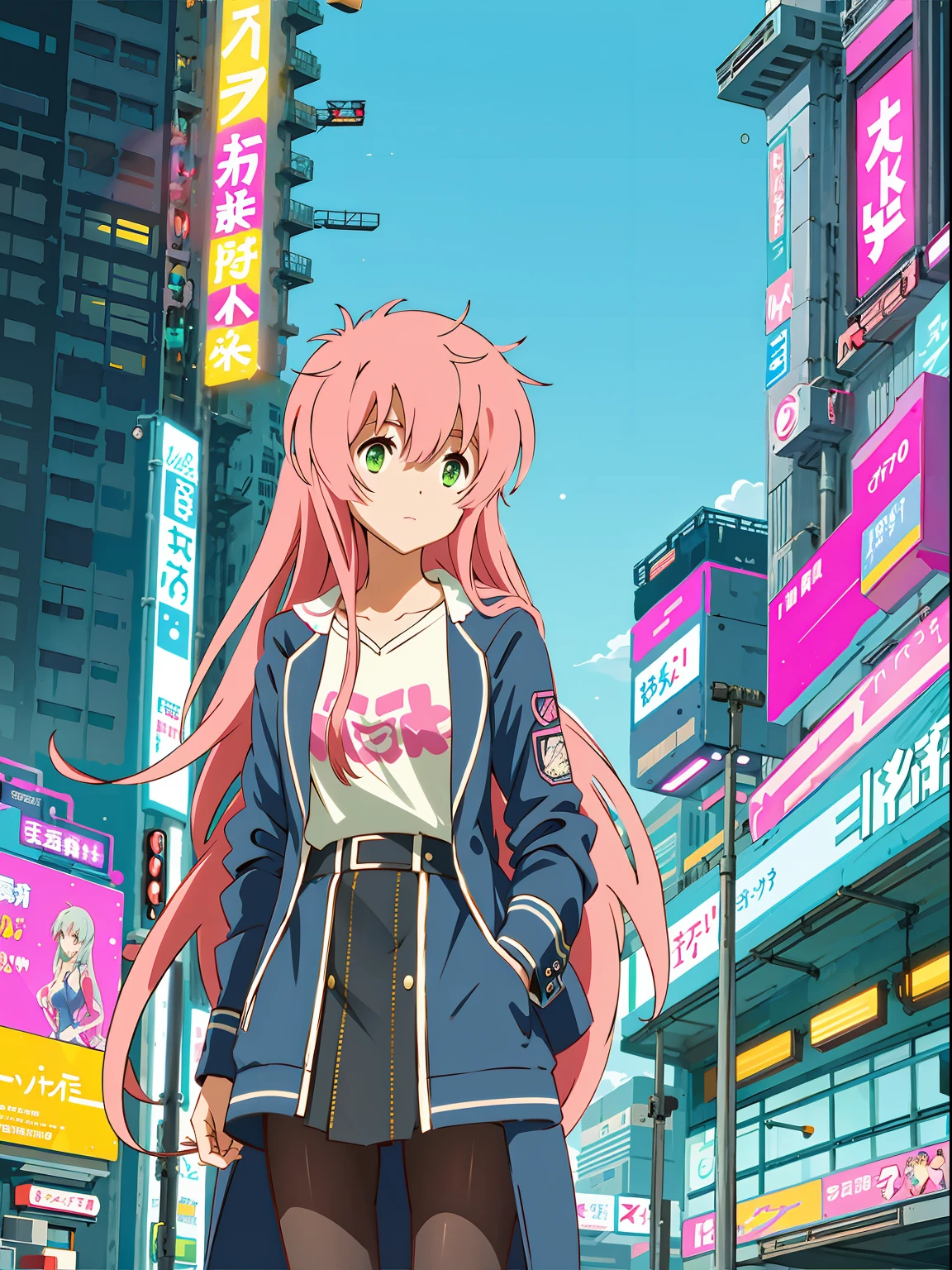 watashi, cyberpunk city, neon lights, modern clothes